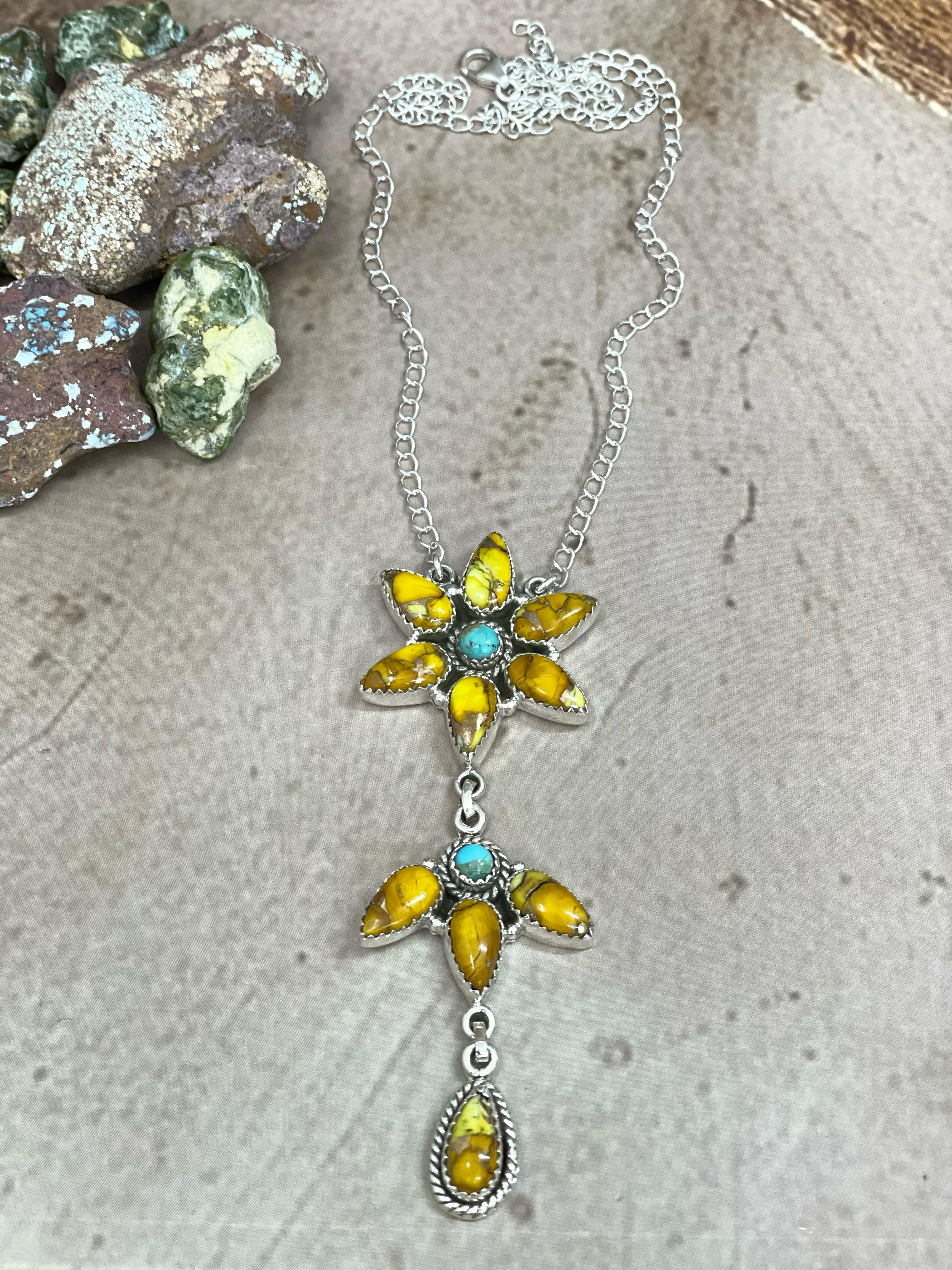 Handmade Sterling Silver Honey Dahlia with Kingman Turquoise Necklace, Signed Nizhoni