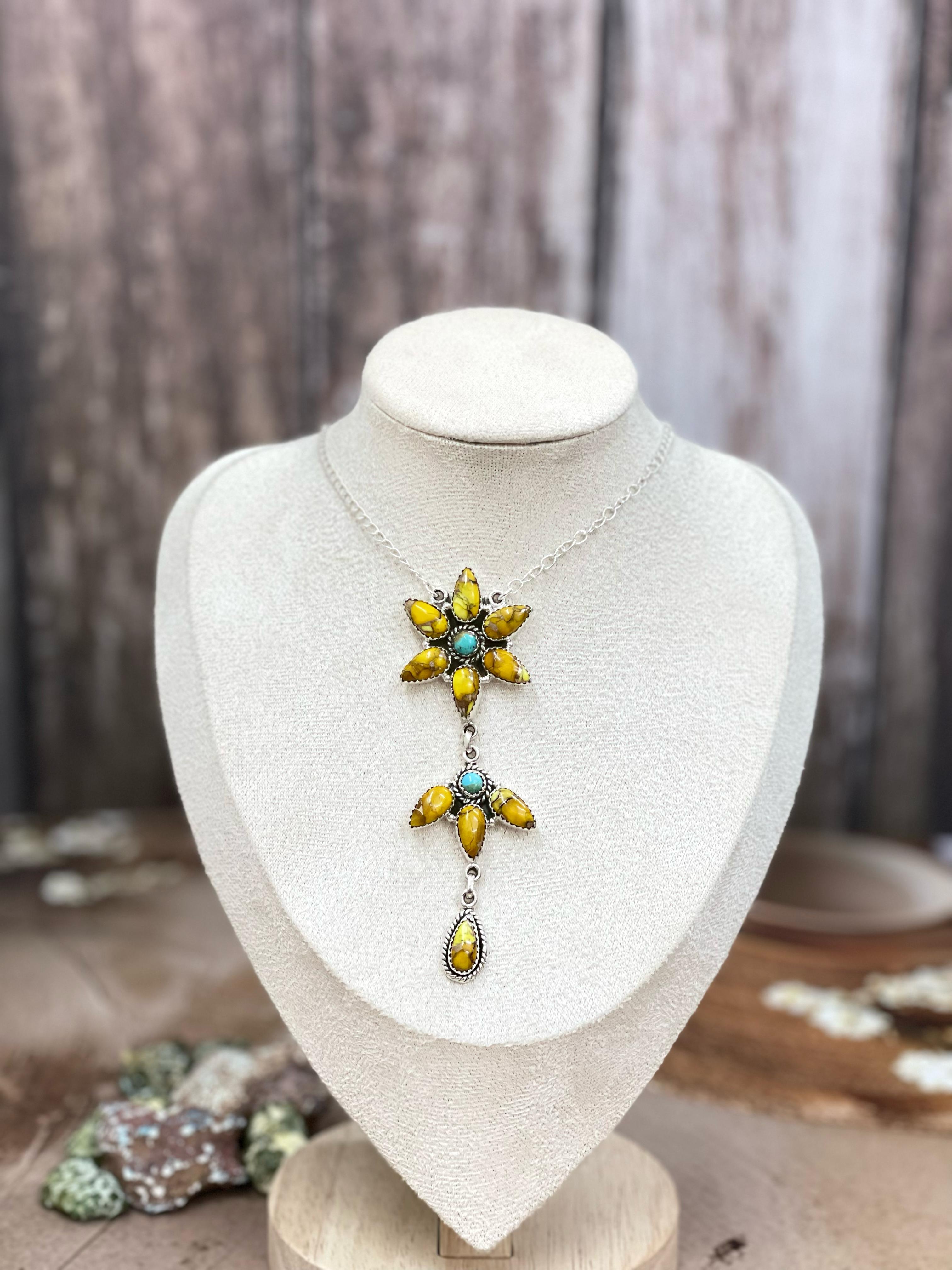 Handmade Sterling Silver Honey Dahlia with Kingman Turquoise Necklace, Signed Nizhoni