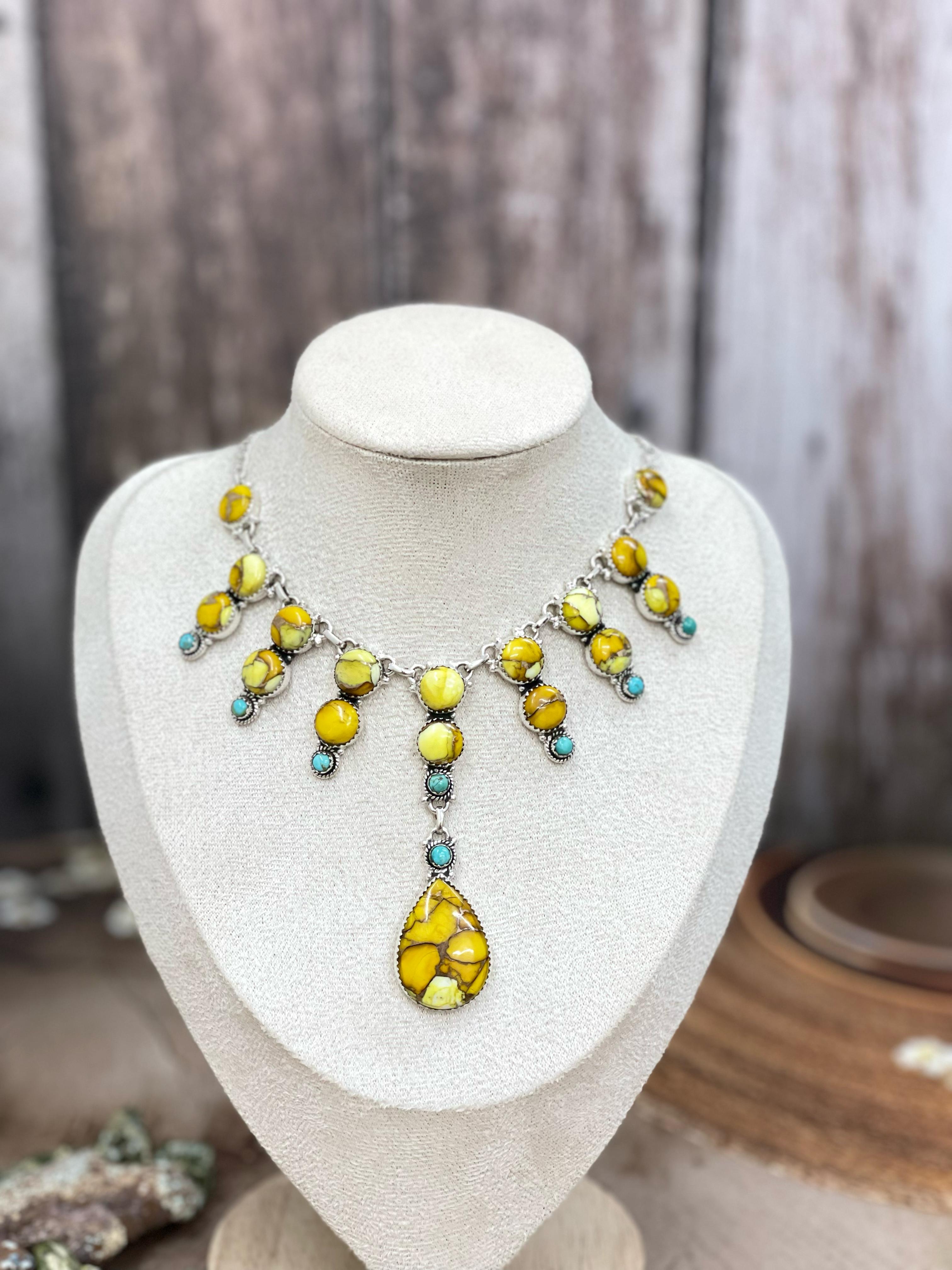 Handmade Sterling Silver Honey Dahlia with Kingman Turquoise Necklace, Signed Nizhoni