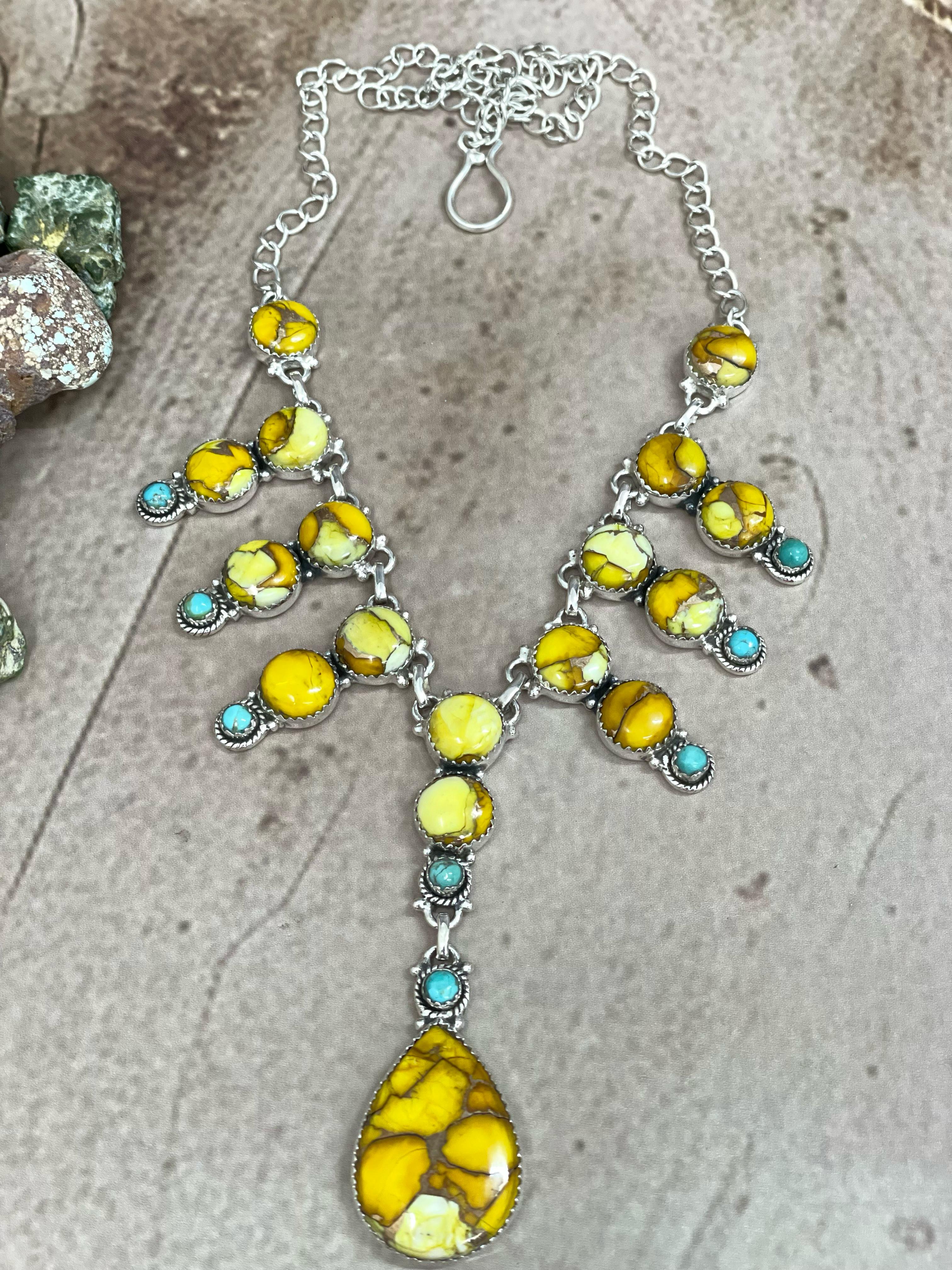 Handmade Sterling Silver Honey Dahlia with Kingman Turquoise Necklace, Signed Nizhoni