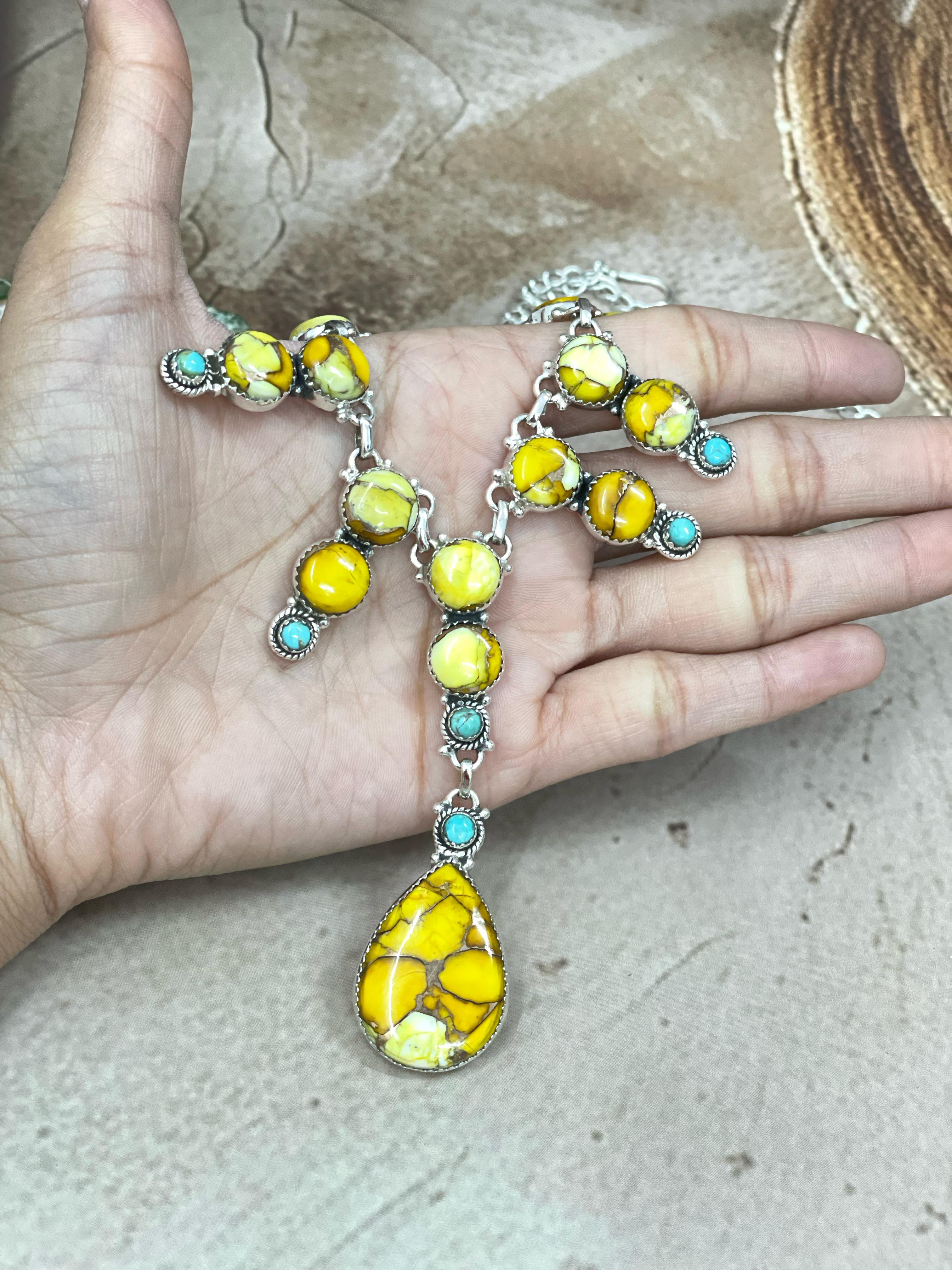 Handmade Sterling Silver Honey Dahlia with Kingman Turquoise Necklace, Signed Nizhoni