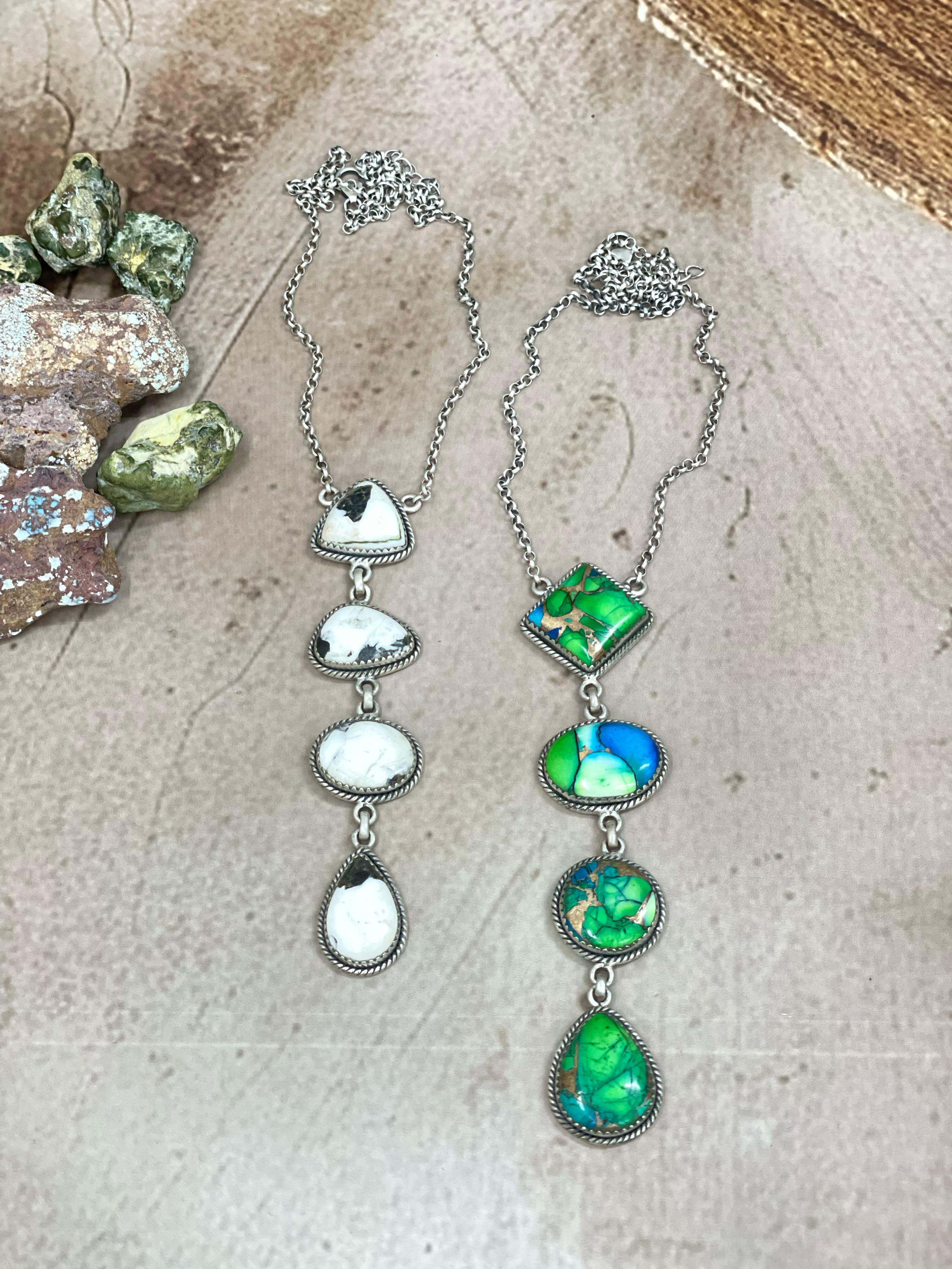 Handmade Sterling Silver Peacock Dahlia, White Buffalo Turquoise Necklace with Signed Nizhoni