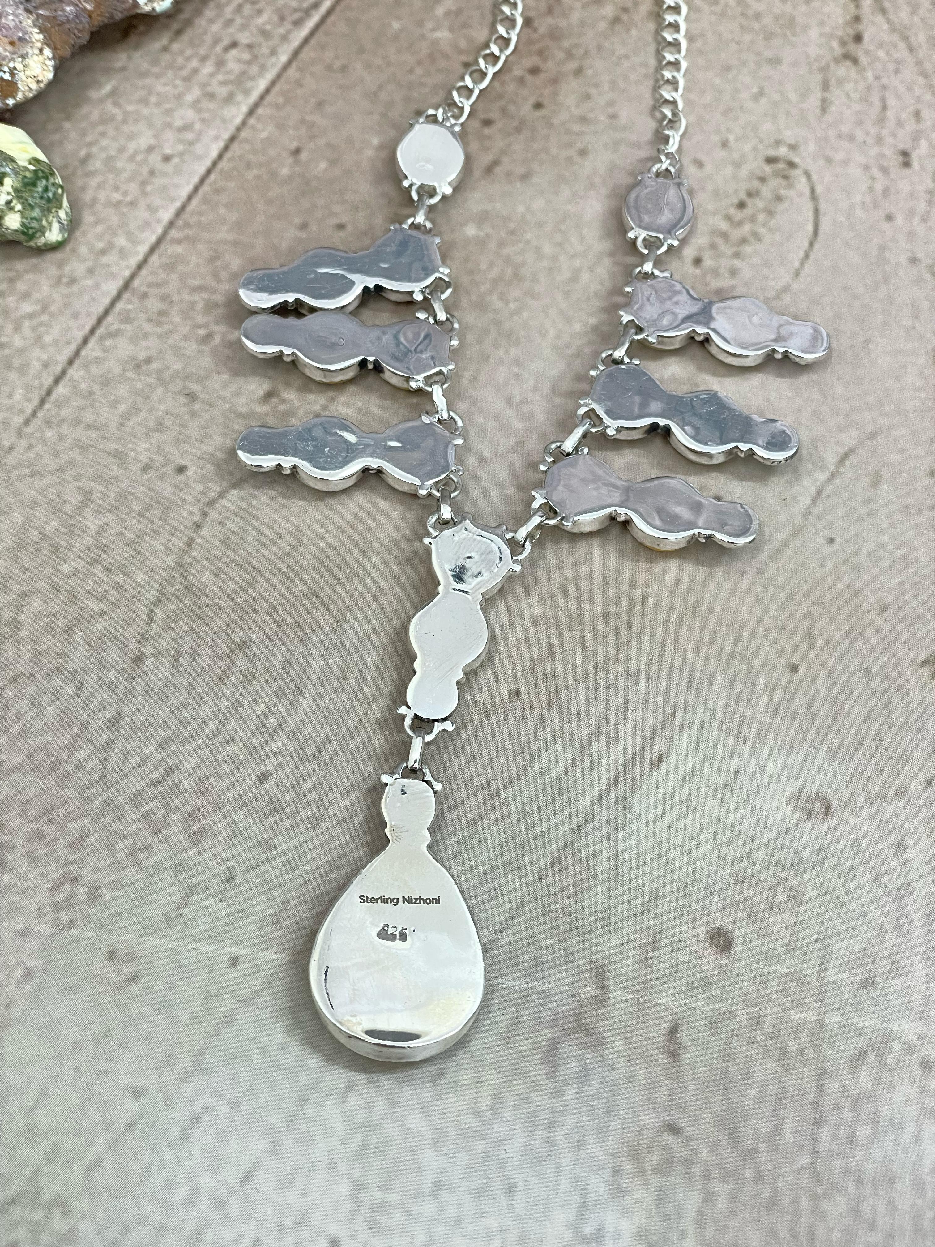 Handmade Sterling Silver Honey Dahlia with Kingman Turquoise Necklace, Signed Nizhoni