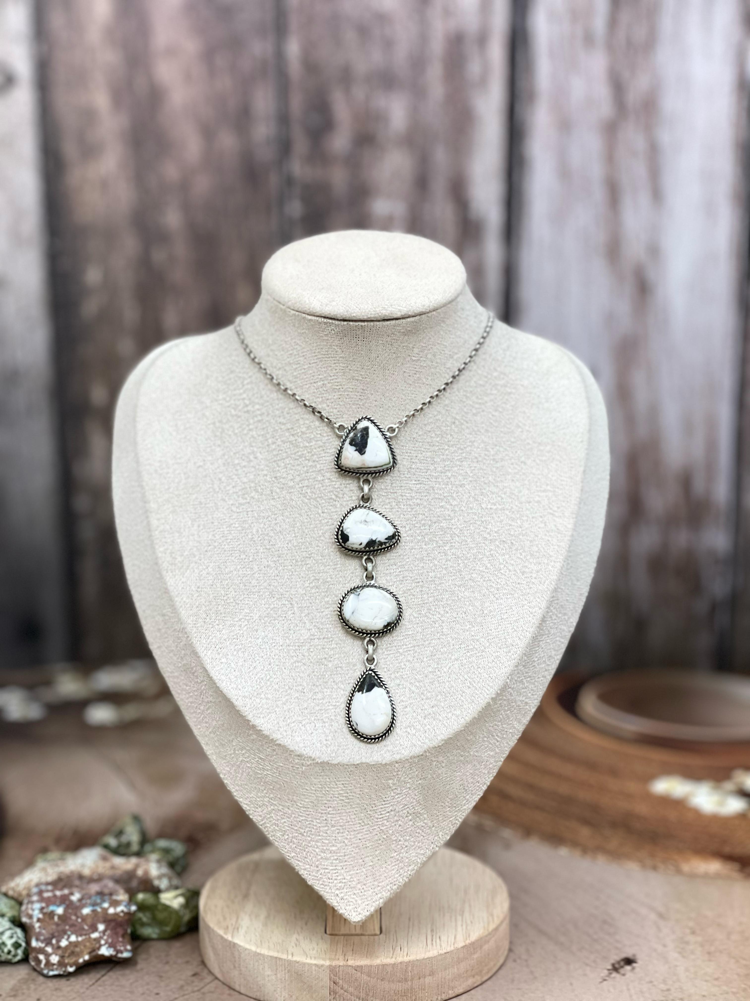 Handmade Sterling Silver Peacock Dahlia, White Buffalo Turquoise Necklace with Signed Nizhoni