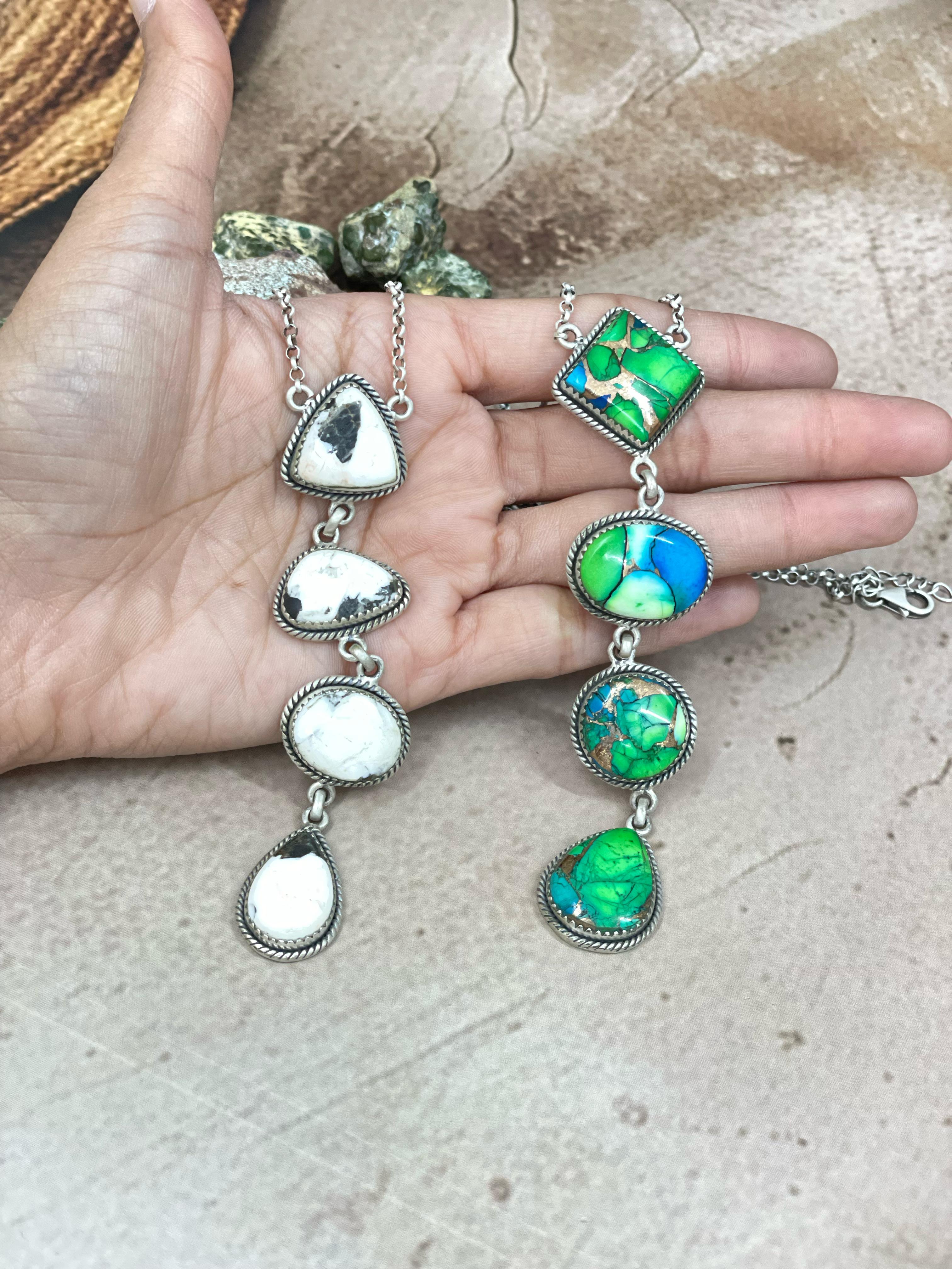 Handmade Sterling Silver Peacock Dahlia, White Buffalo Turquoise Necklace with Signed Nizhoni