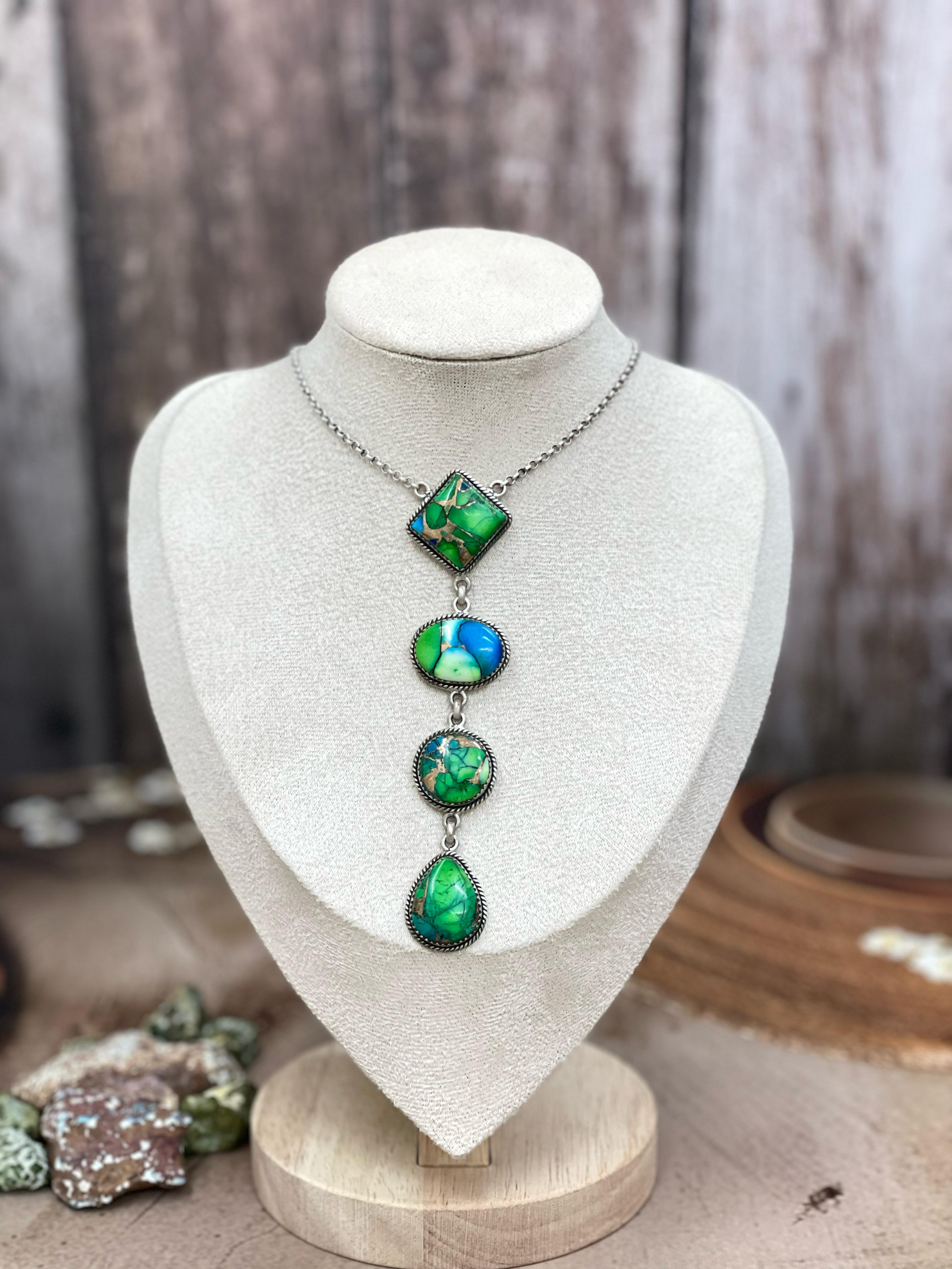 Handmade Sterling Silver Peacock Dahlia, White Buffalo Turquoise Necklace with Signed Nizhoni