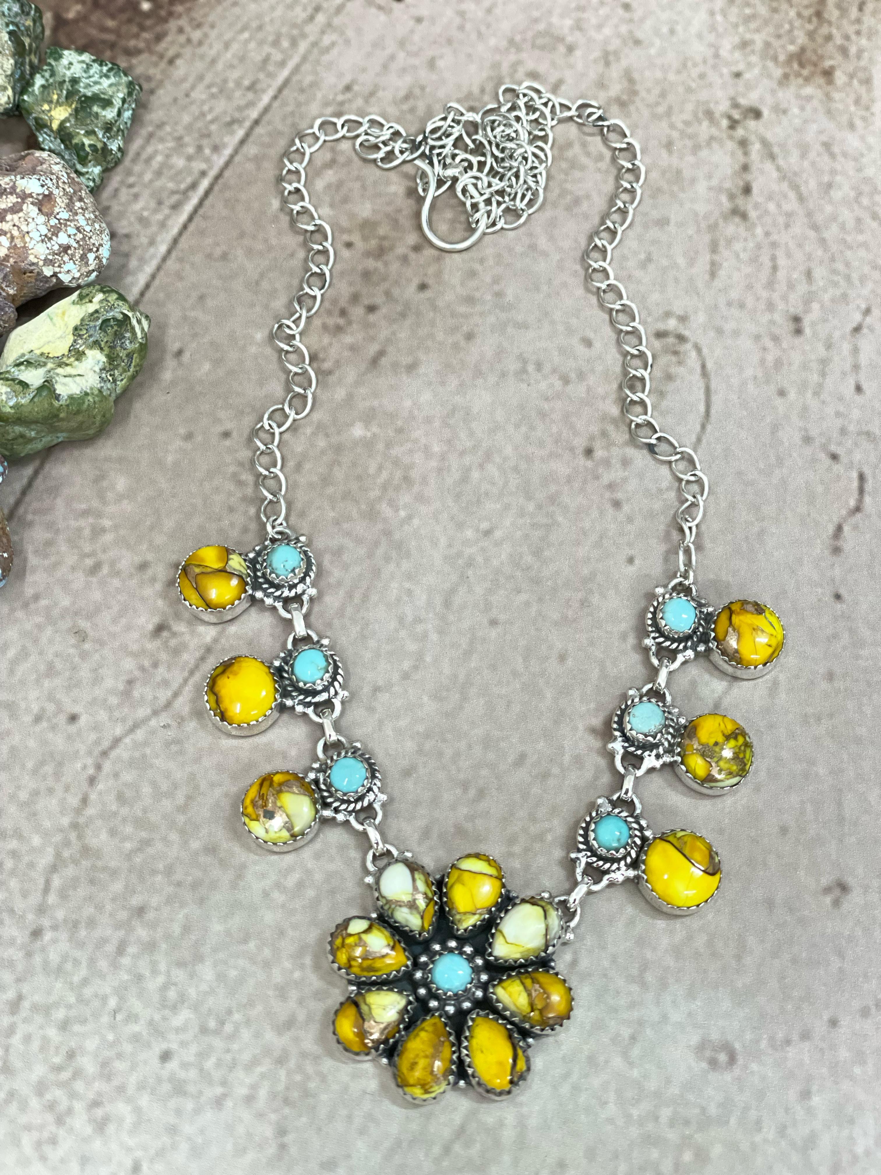 Handmade Sterling Silver Honey Dahlia with Kingman Turquoise Necklace with Signed Nizhoni