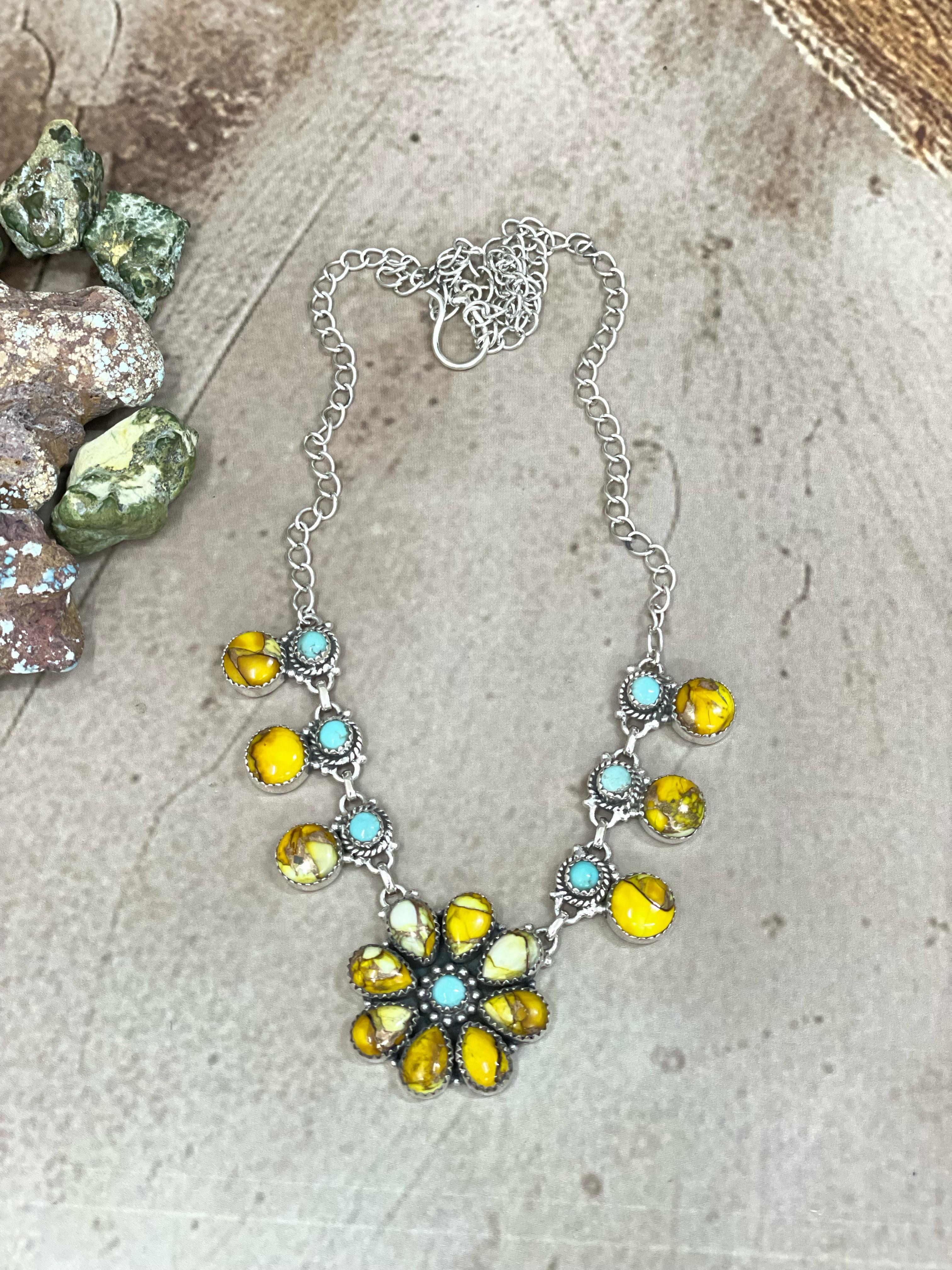 Handmade Sterling Silver Honey Dahlia with Kingman Turquoise Necklace with Signed Nizhoni