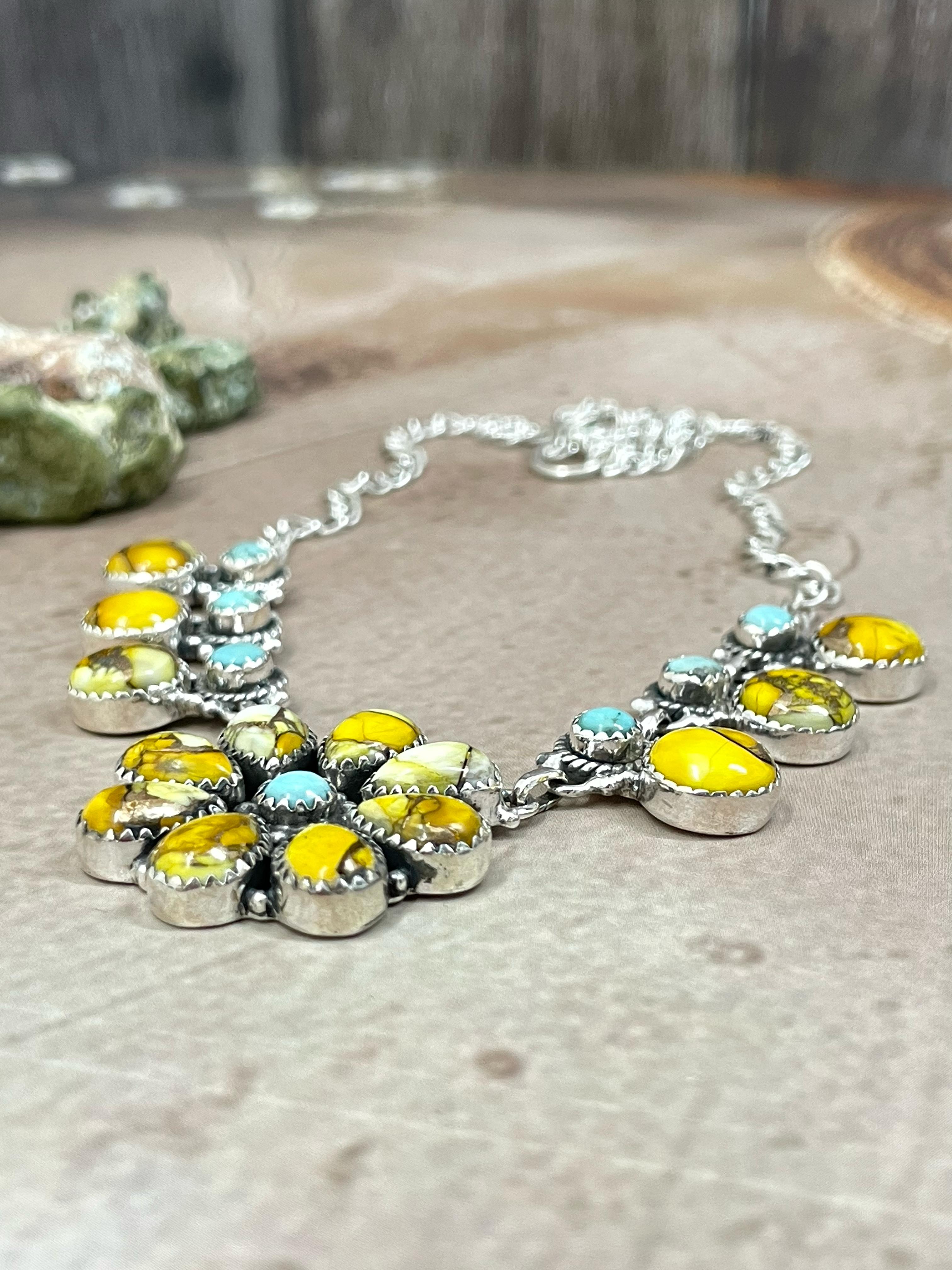 Handmade Sterling Silver Honey Dahlia with Kingman Turquoise Necklace with Signed Nizhoni