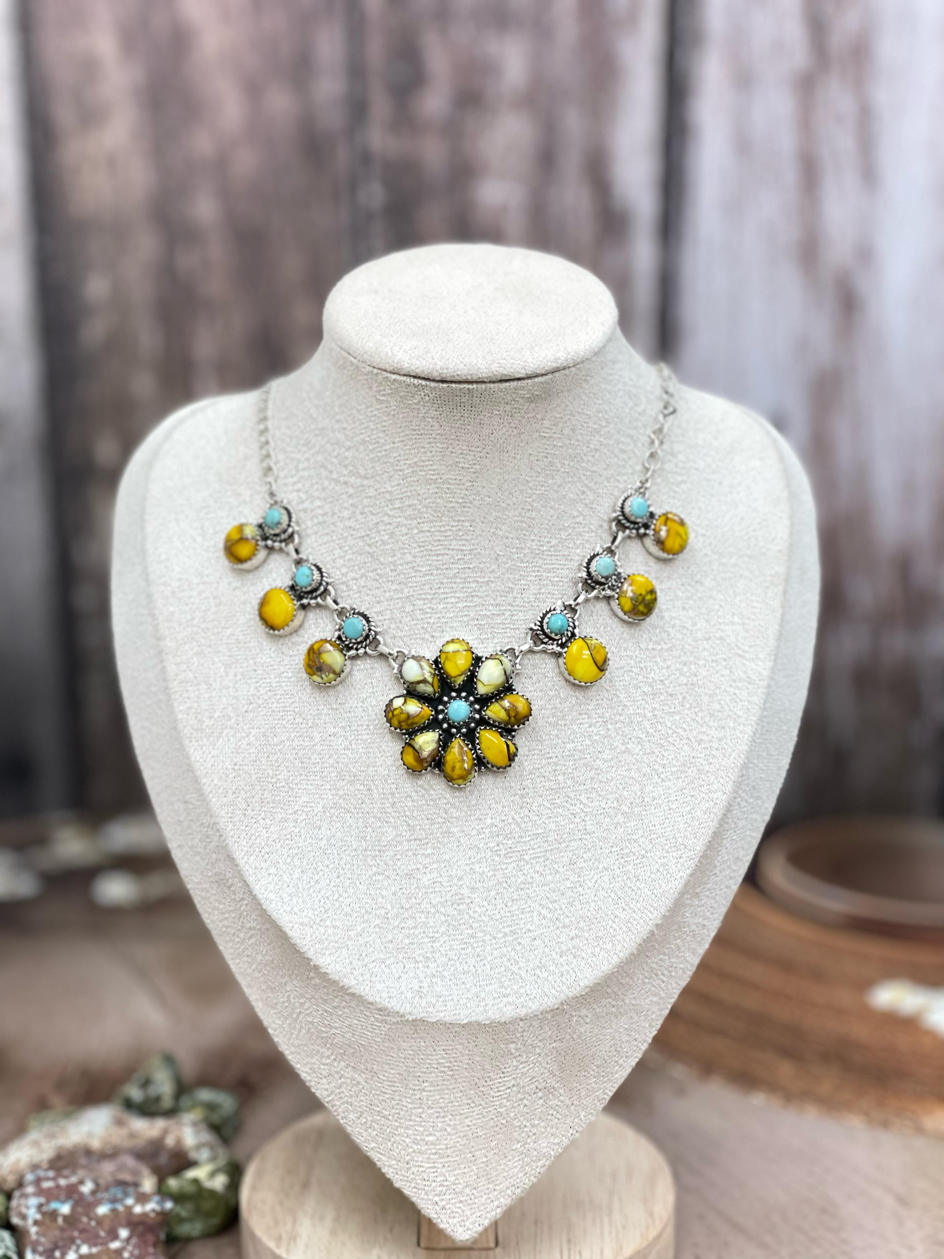 Handmade Sterling Silver Honey Dahlia with Kingman Turquoise Necklace with Signed Nizhoni