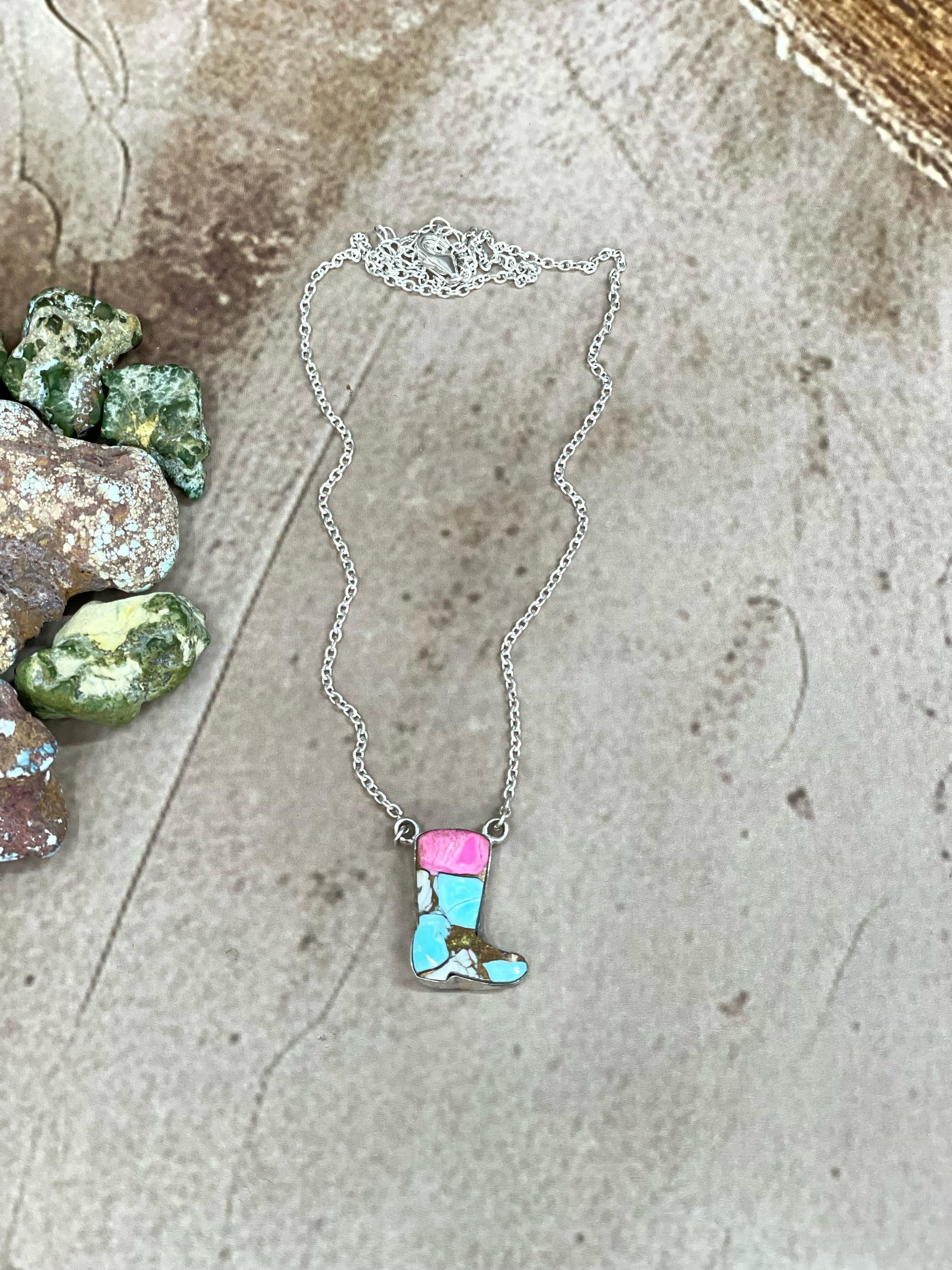 Handmade Sterling Silver Cotton Candy Turquoise Shoe Necklace with Signed Nizhoni