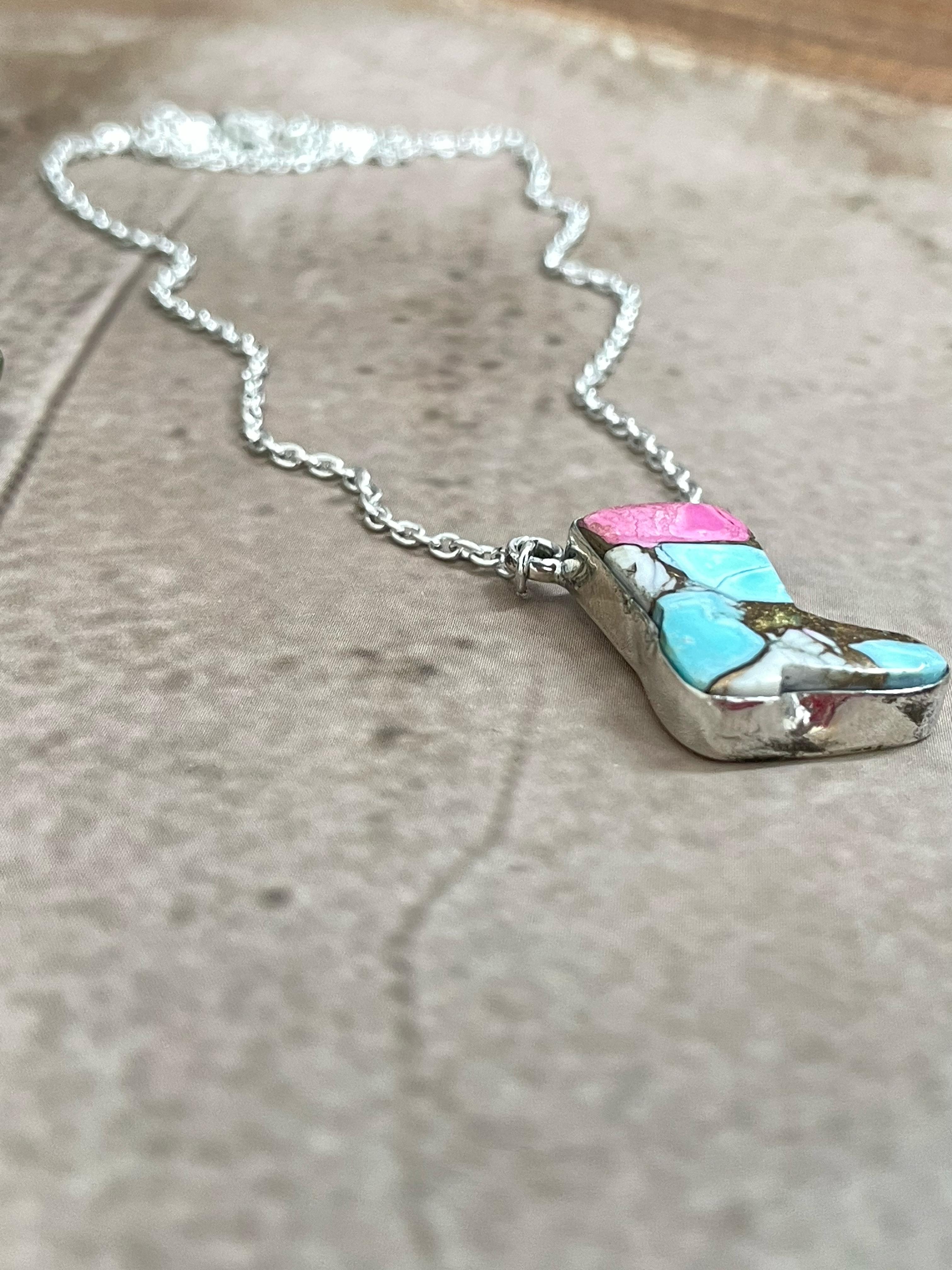 Handmade Sterling Silver Cotton Candy Turquoise Shoe Necklace with Signed Nizhoni