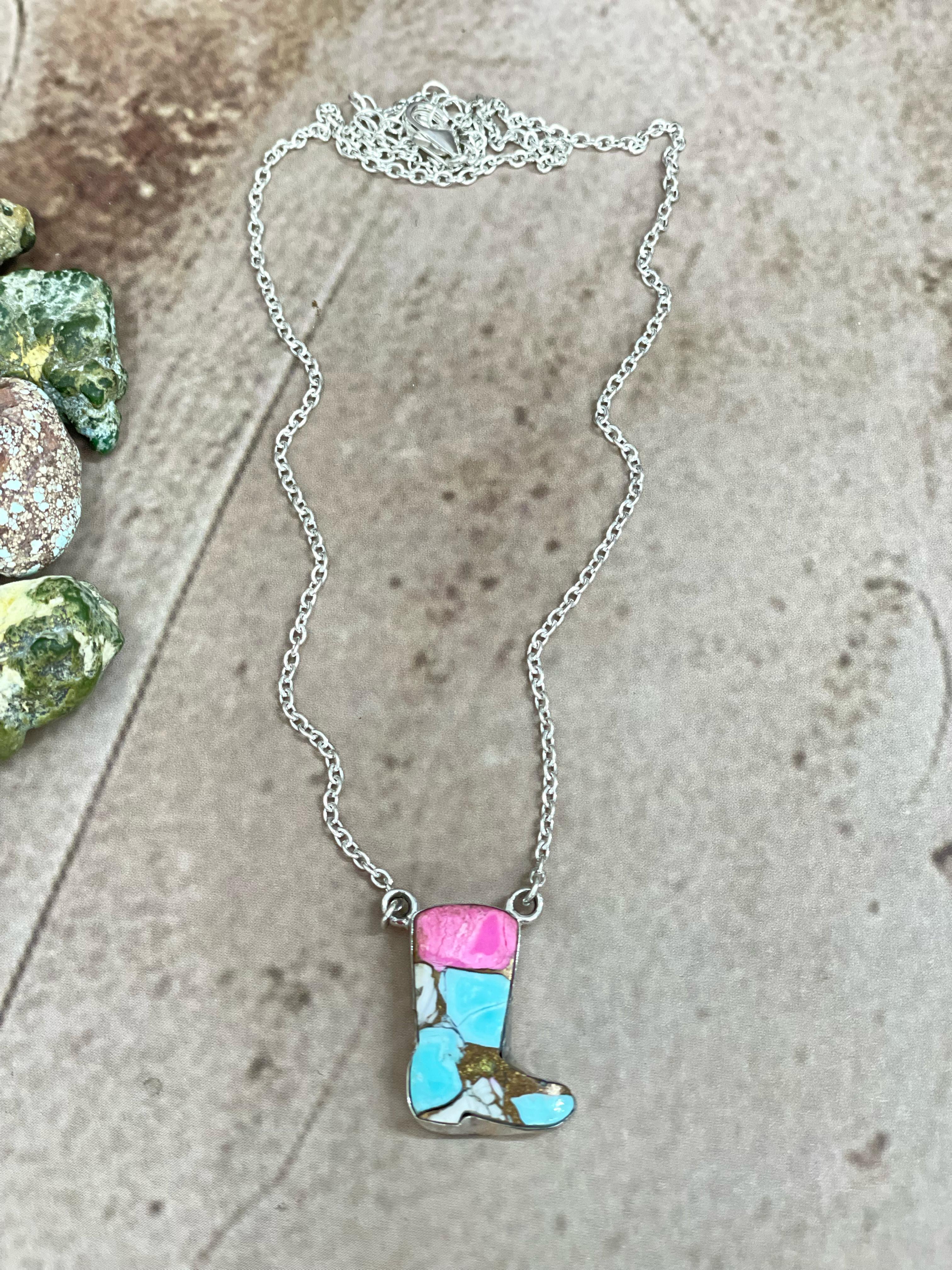 Handmade Sterling Silver Cotton Candy Turquoise Shoe Necklace with Signed Nizhoni