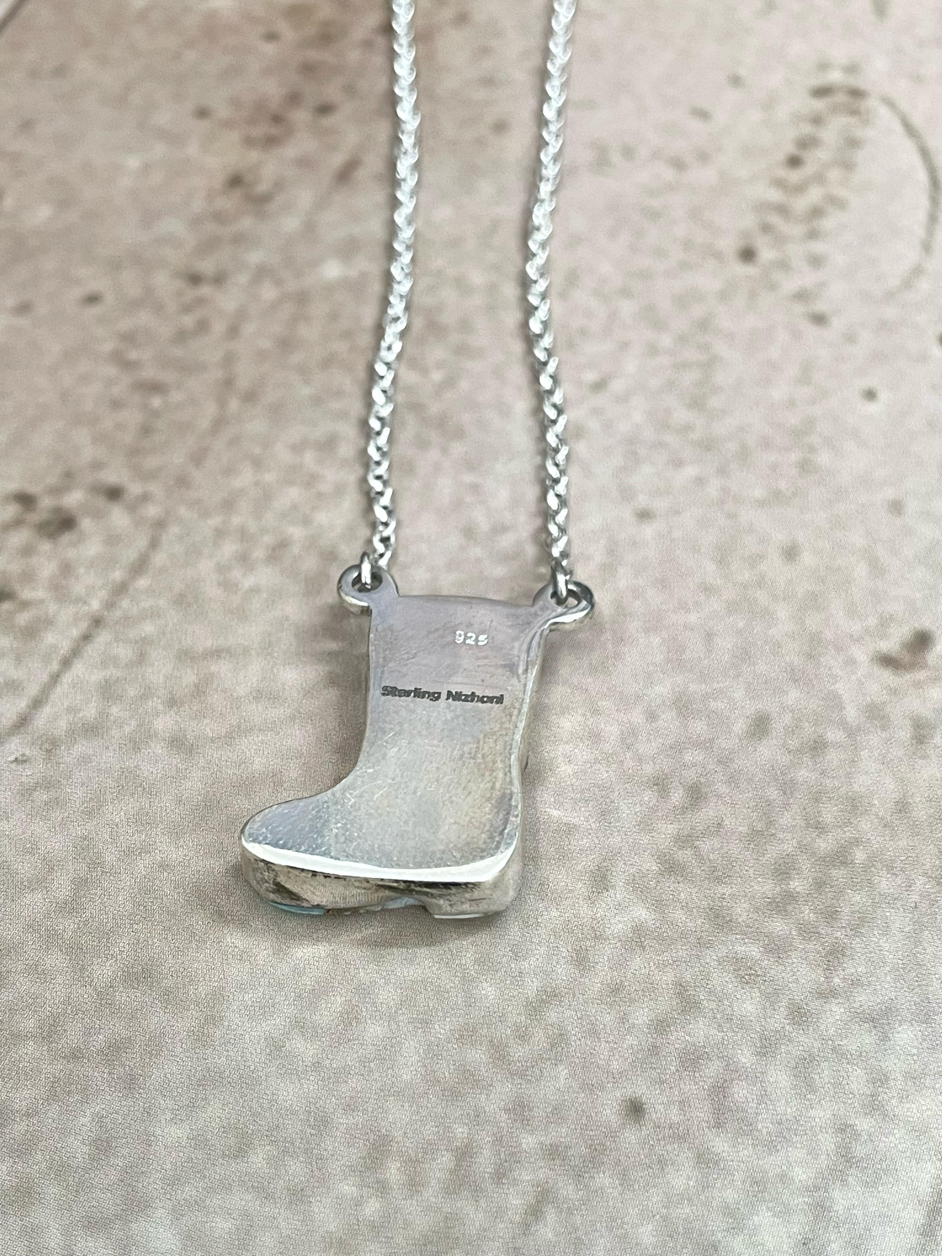 Handmade Sterling Silver Cotton Candy Turquoise Shoe Necklace with Signed Nizhoni