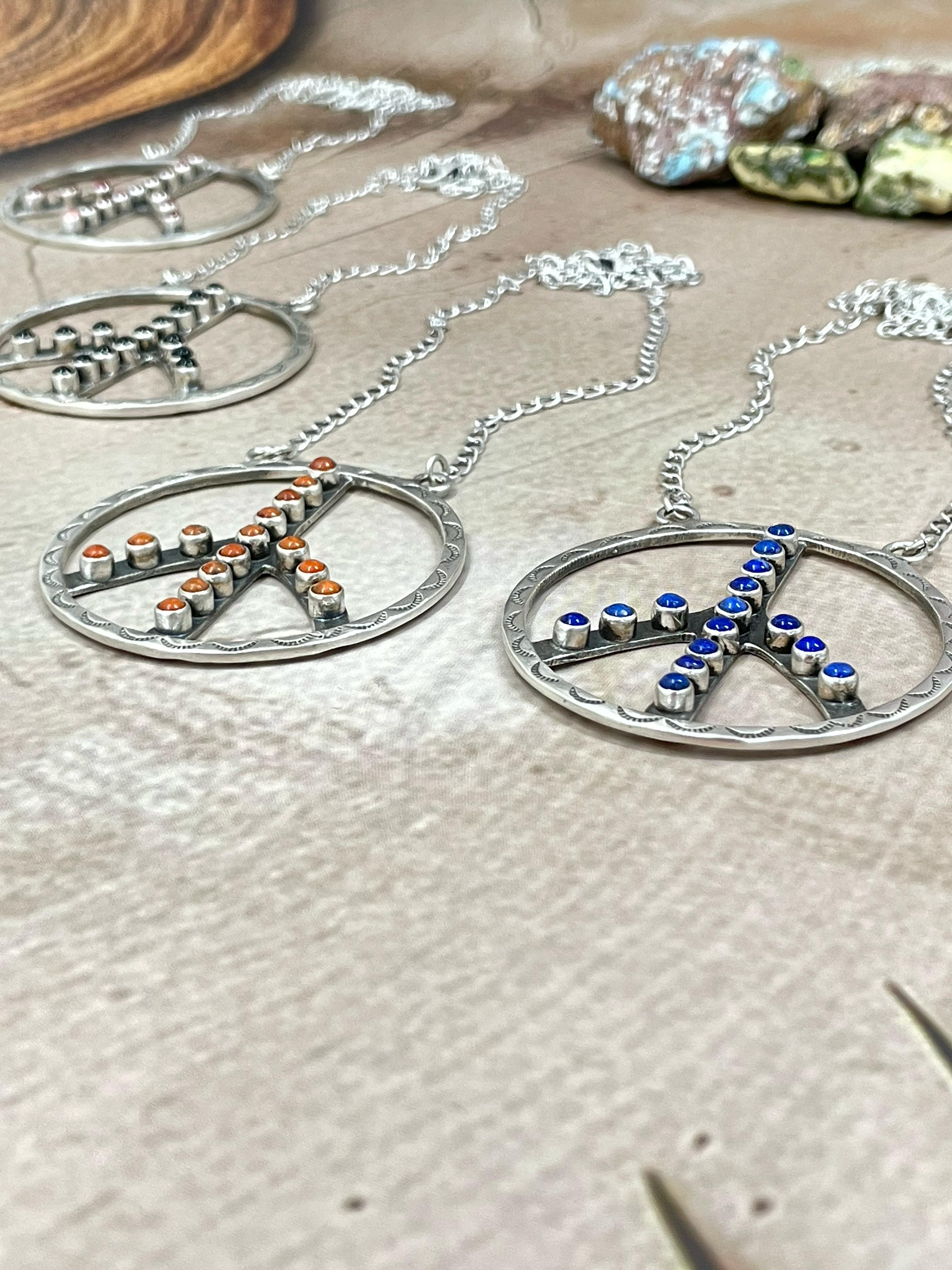 Handmade Sterling Silver Multi Stone Peace Hoop Necklace with Signed Nizhoni