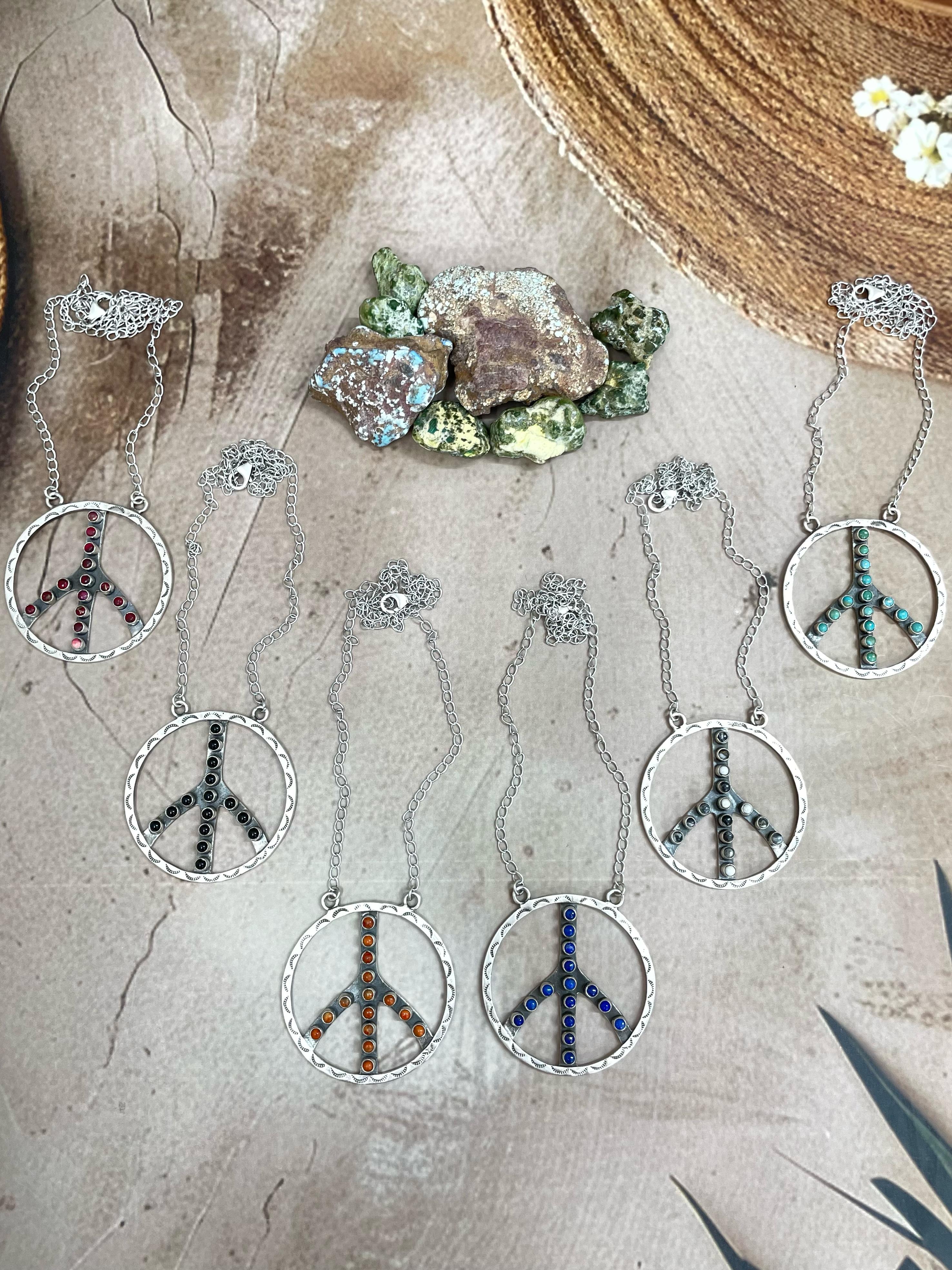 Handmade Sterling Silver Multi Stone Peace Hoop Necklace with Signed Nizhoni