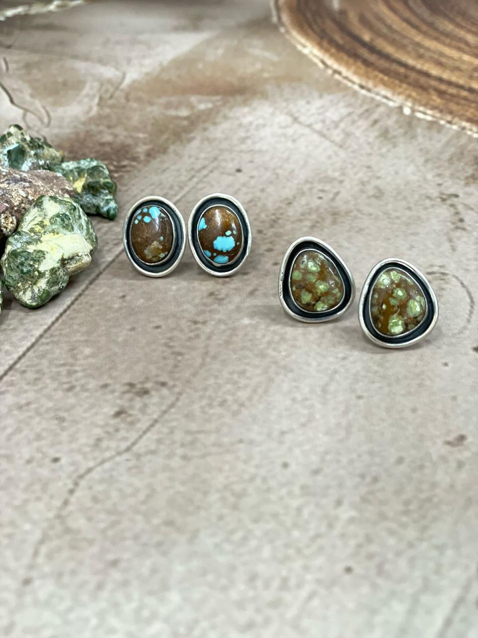 Handmade Sterling Silver Number 8 Turquoise Post Earrings with Signed Nizhoni