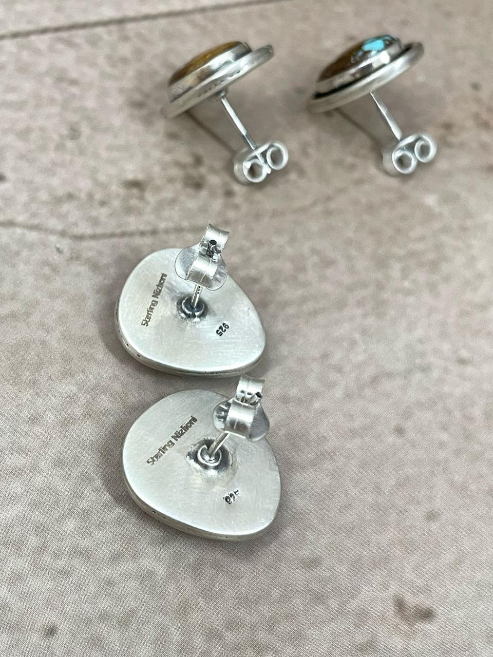 Handmade Sterling Silver Number 8 Turquoise Post Earrings with Signed Nizhoni