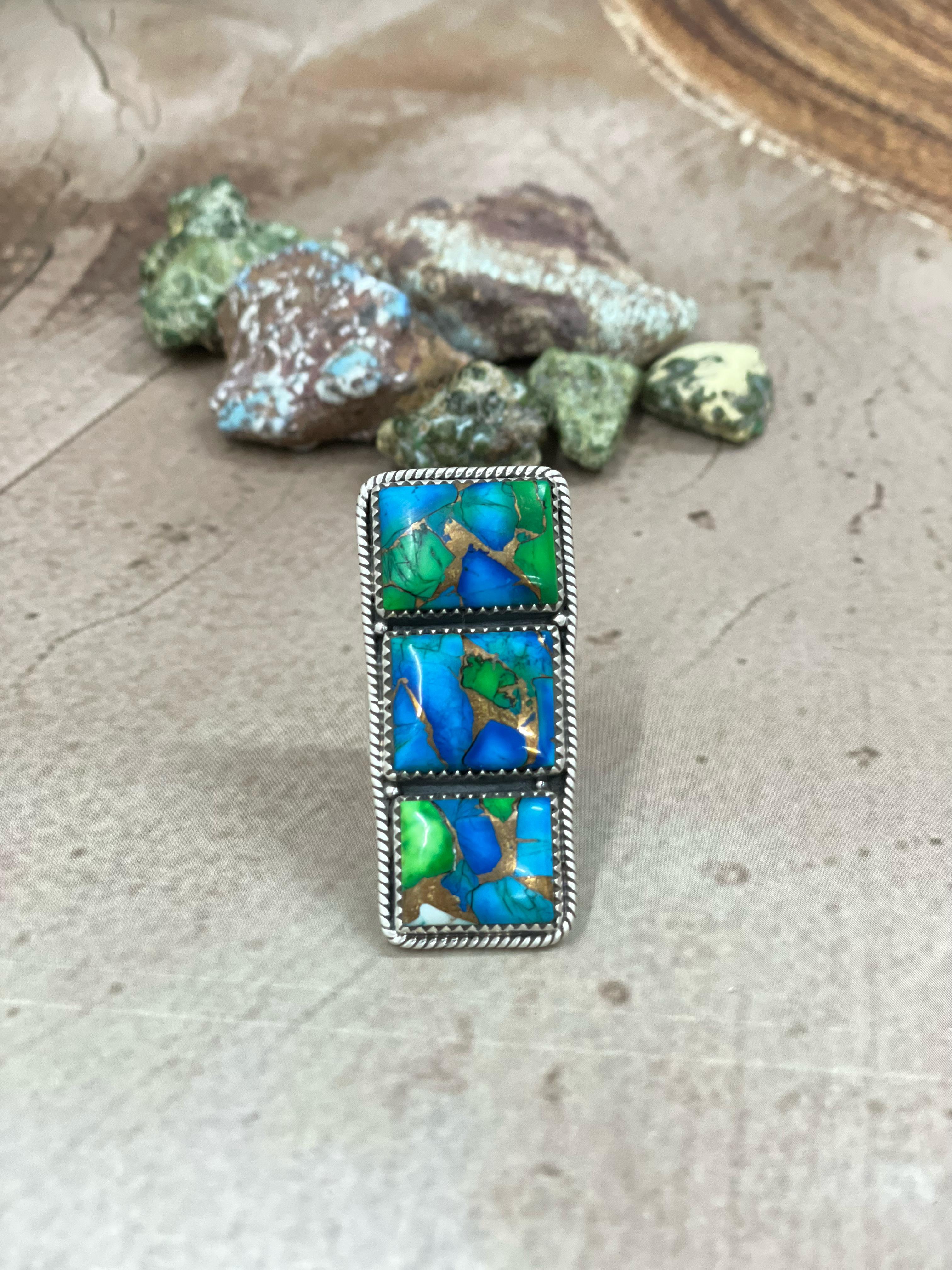 Handmade Sterling Silver Peacock Dahlia Adjustable Ring with Signed Nizhoni