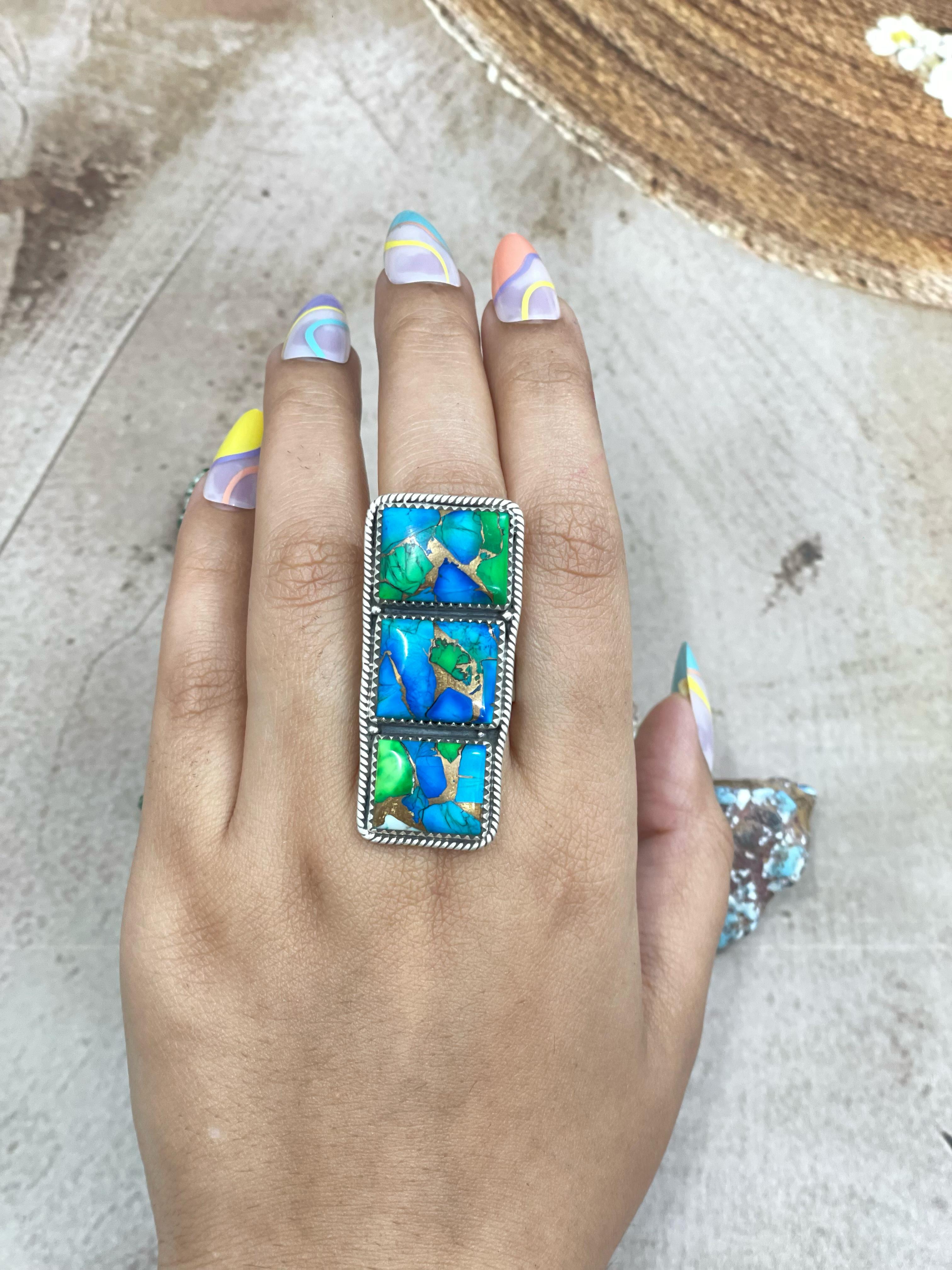 Handmade Sterling Silver Peacock Dahlia Adjustable Ring with Signed Nizhoni