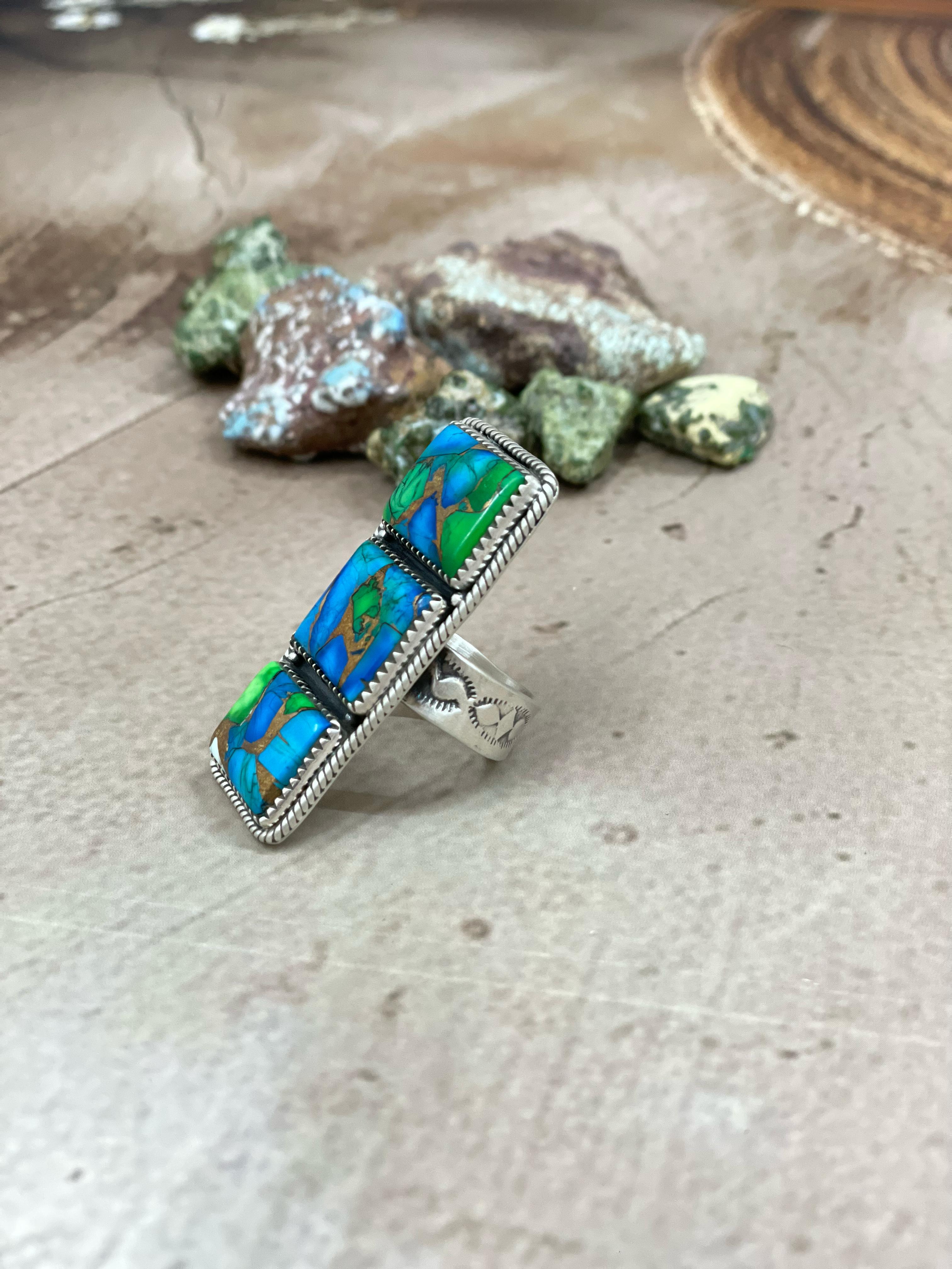 Handmade Sterling Silver Peacock Dahlia Adjustable Ring with Signed Nizhoni