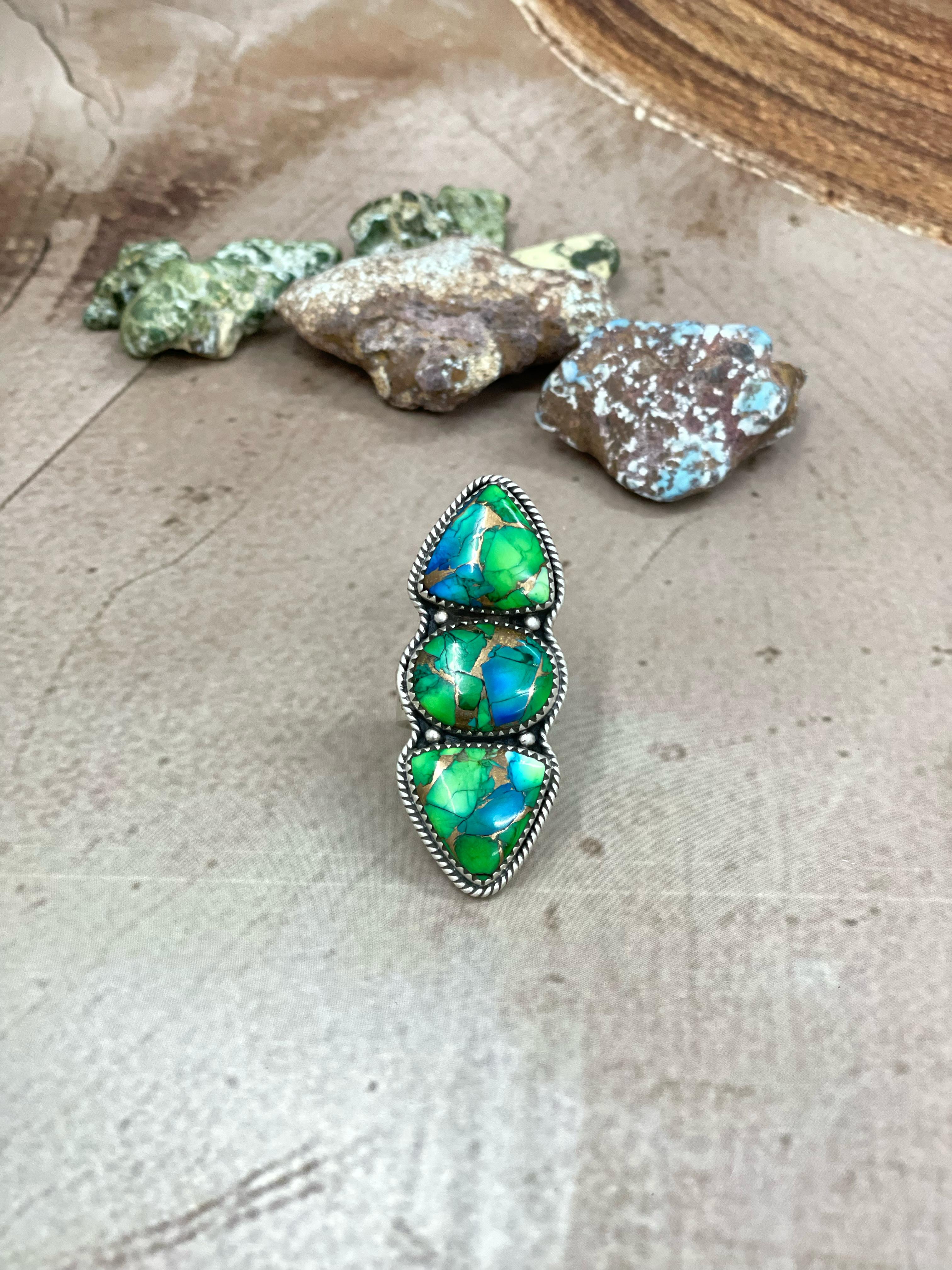 Handmade Sterling Silver Peacock Dahlia Adjustable Ring with Signed Nizhoni