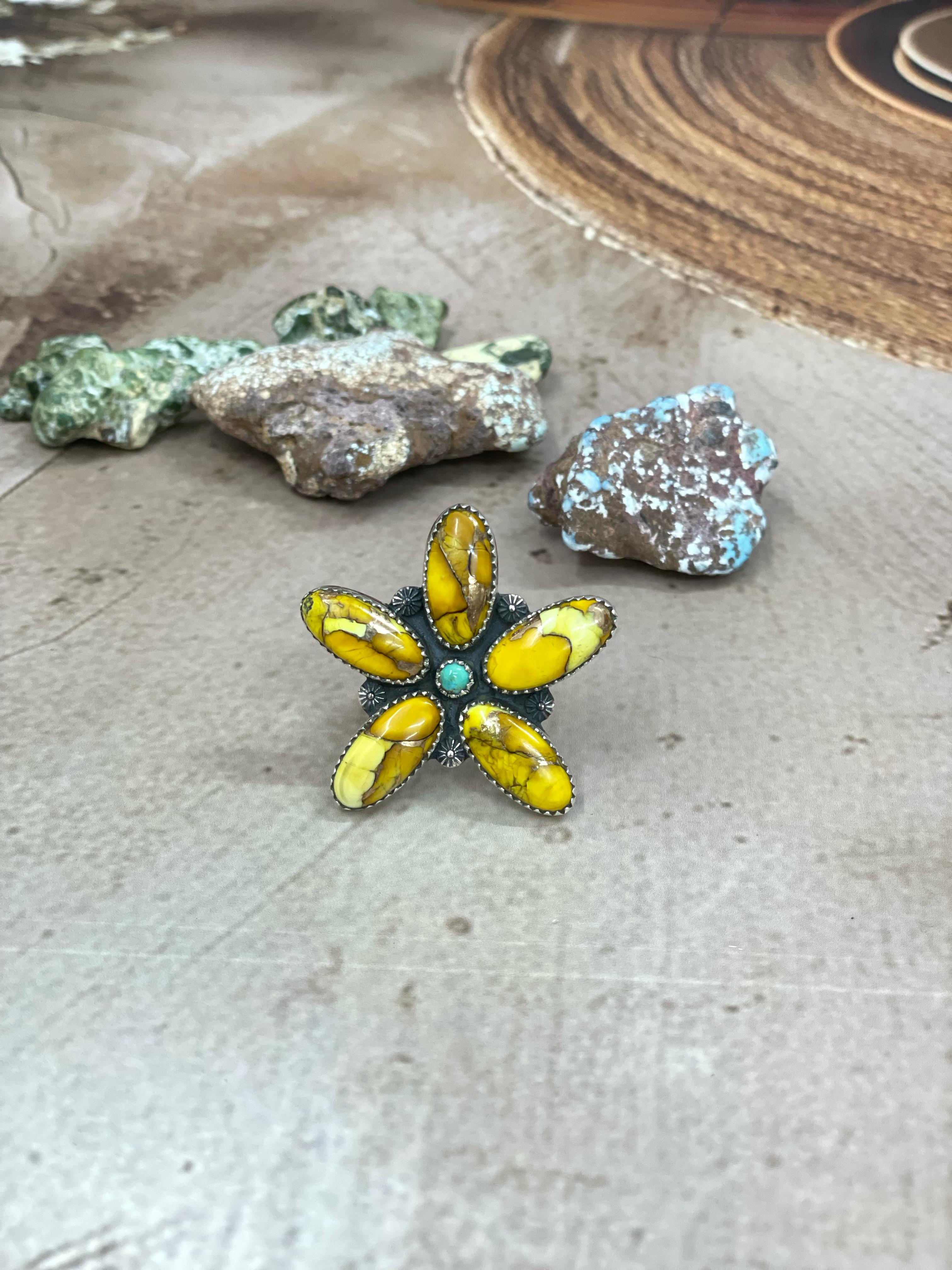 Handmade Sterling Silver Honey Dahlia with Kingman Turquoise Adjustable Flower Ring with Signed Nizhoni