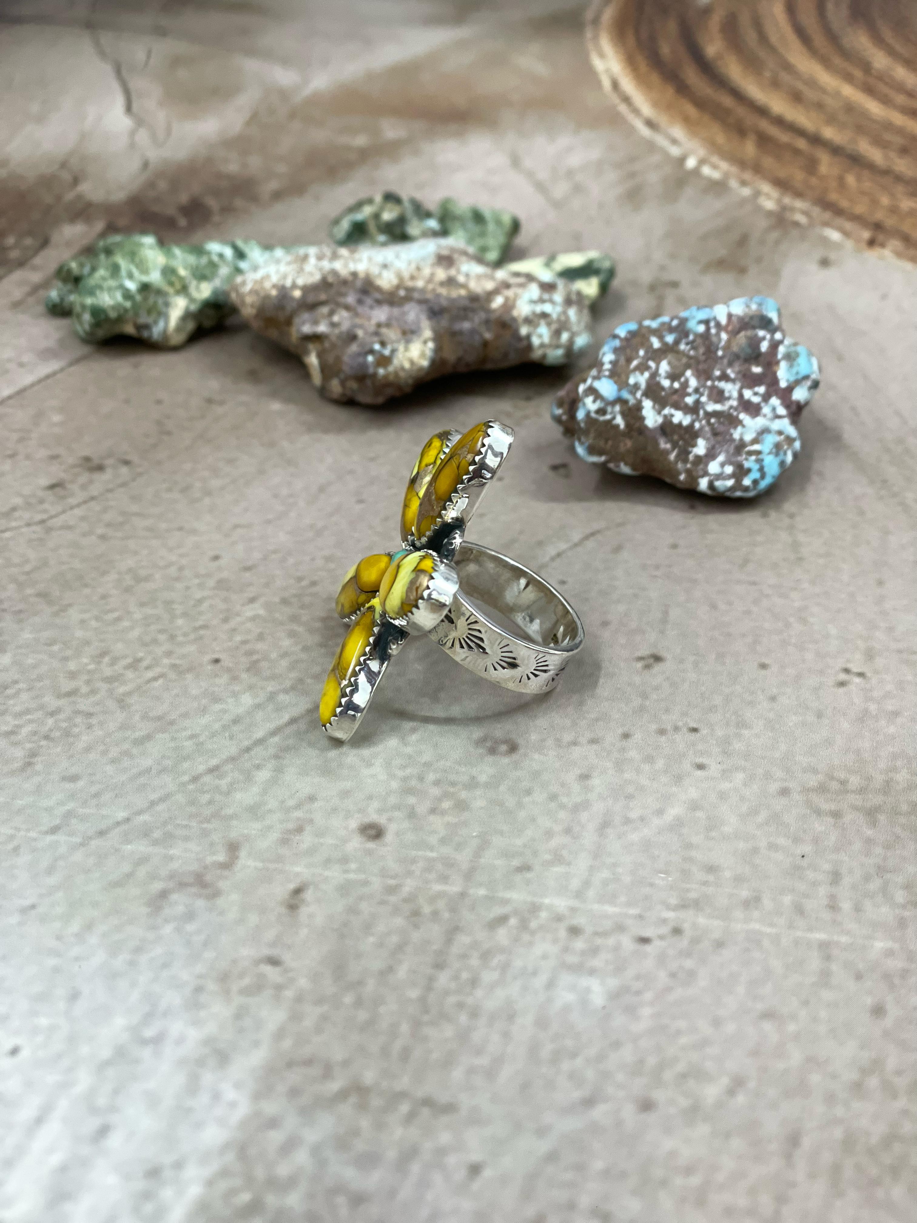 Handmade Sterling Silver Honey Dahlia with Kingman Turquoise Adjustable Flower Ring with Signed Nizhoni