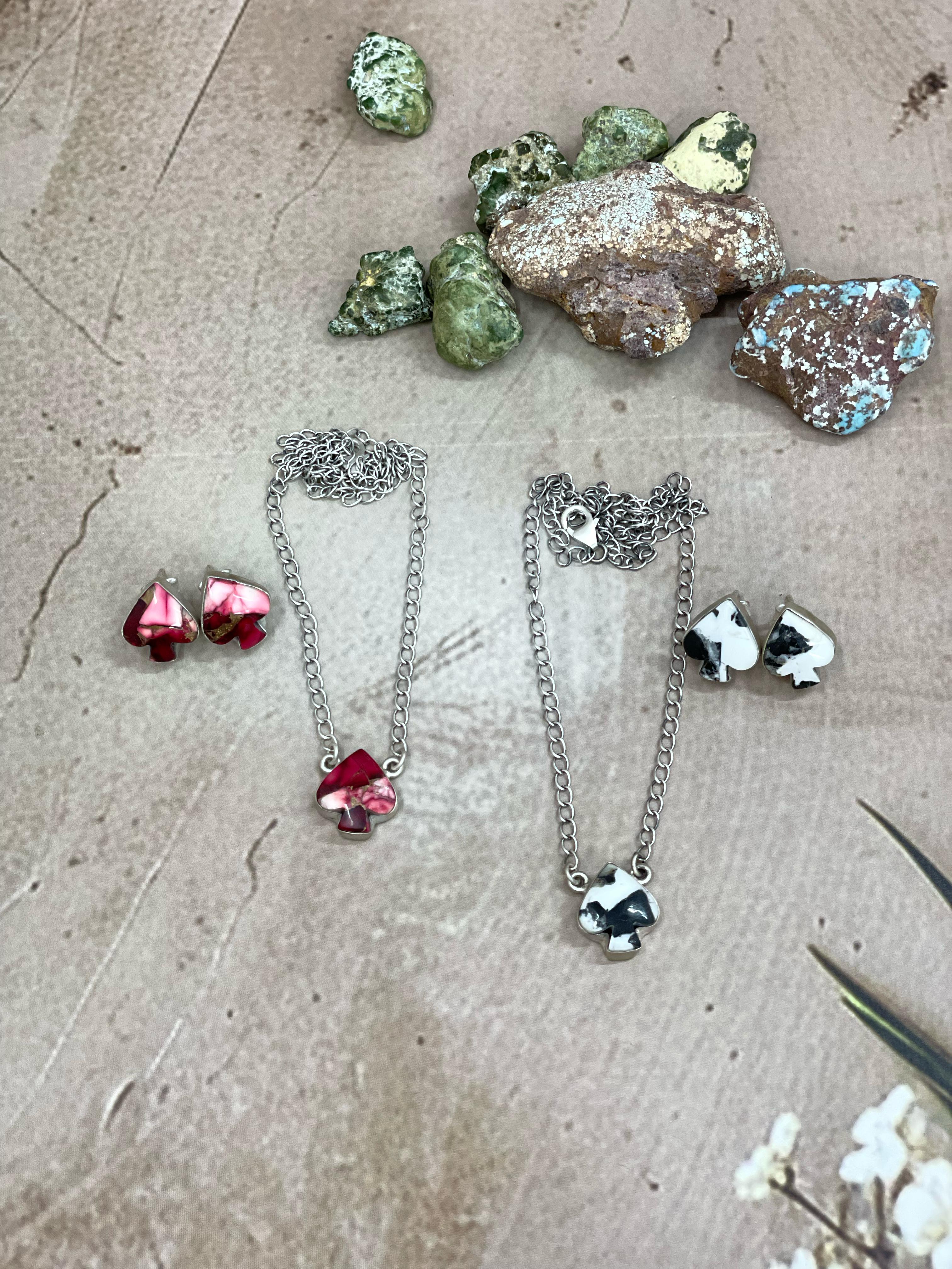 Handmade Sterling Silver Dahlia Rose, White Buffalo Turquoise Spade Necklace Earring Set with Signed Nizhoni