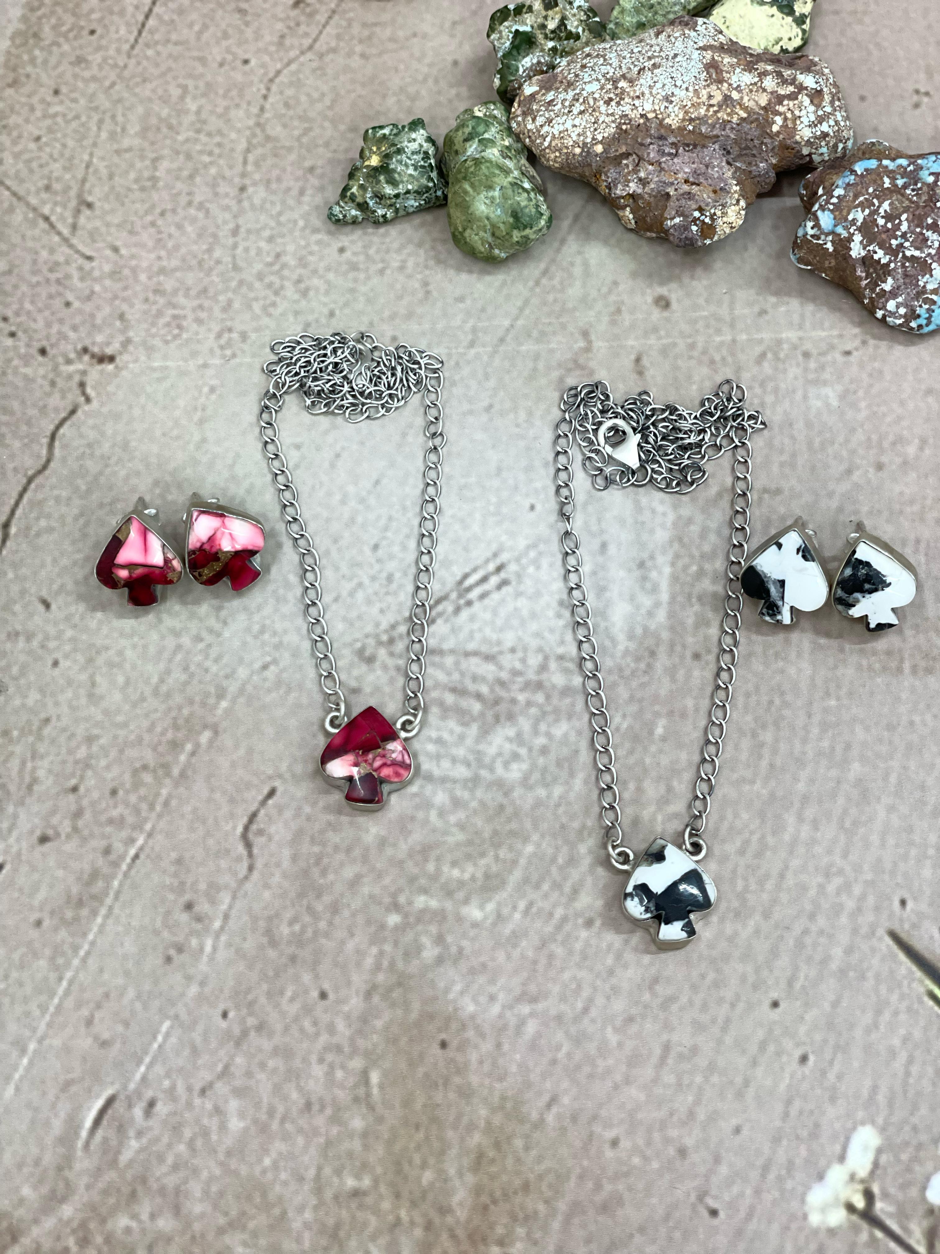 Handmade Sterling Silver Dahlia Rose, White Buffalo Turquoise Spade Necklace Earring Set with Signed Nizhoni