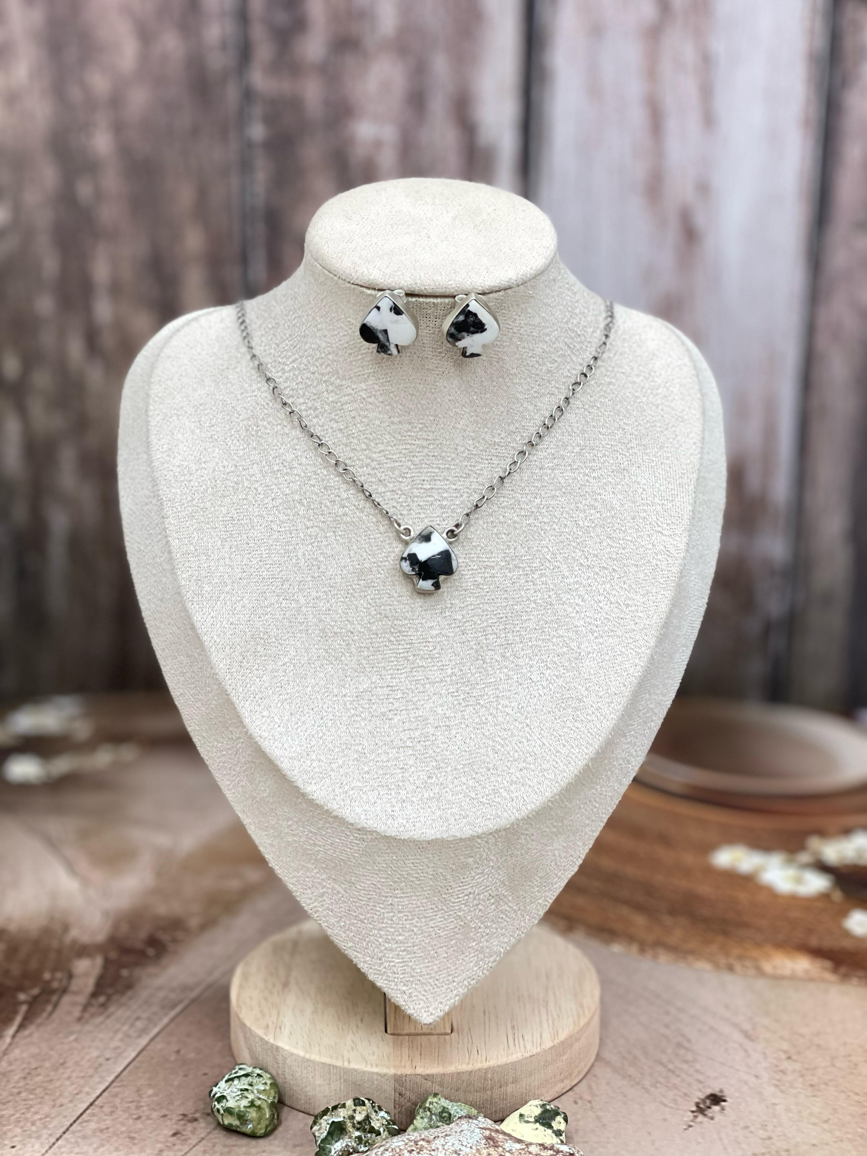 Handmade Sterling Silver Dahlia Rose, White Buffalo Turquoise Spade Necklace Earring Set with Signed Nizhoni