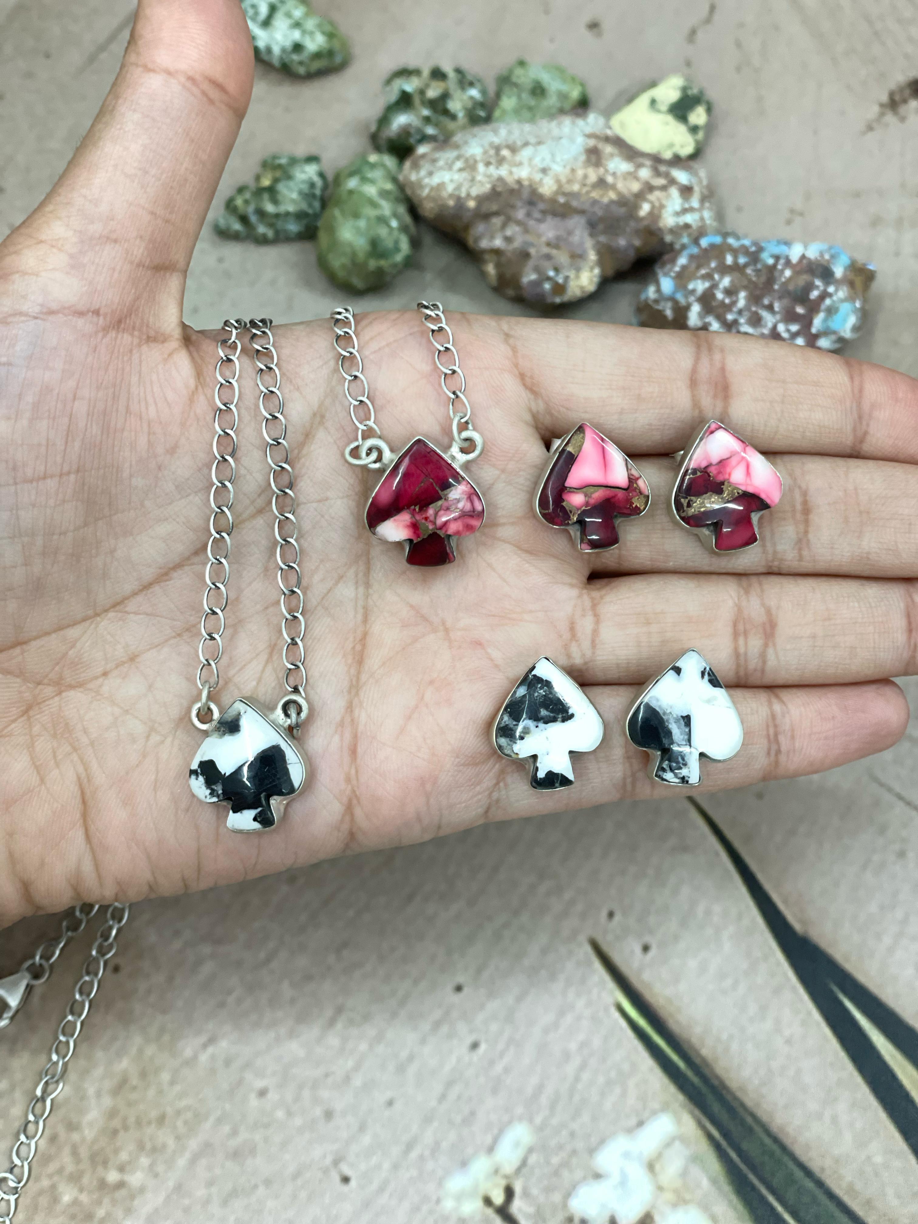 Handmade Sterling Silver Dahlia Rose, White Buffalo Turquoise Spade Necklace Earring Set with Signed Nizhoni