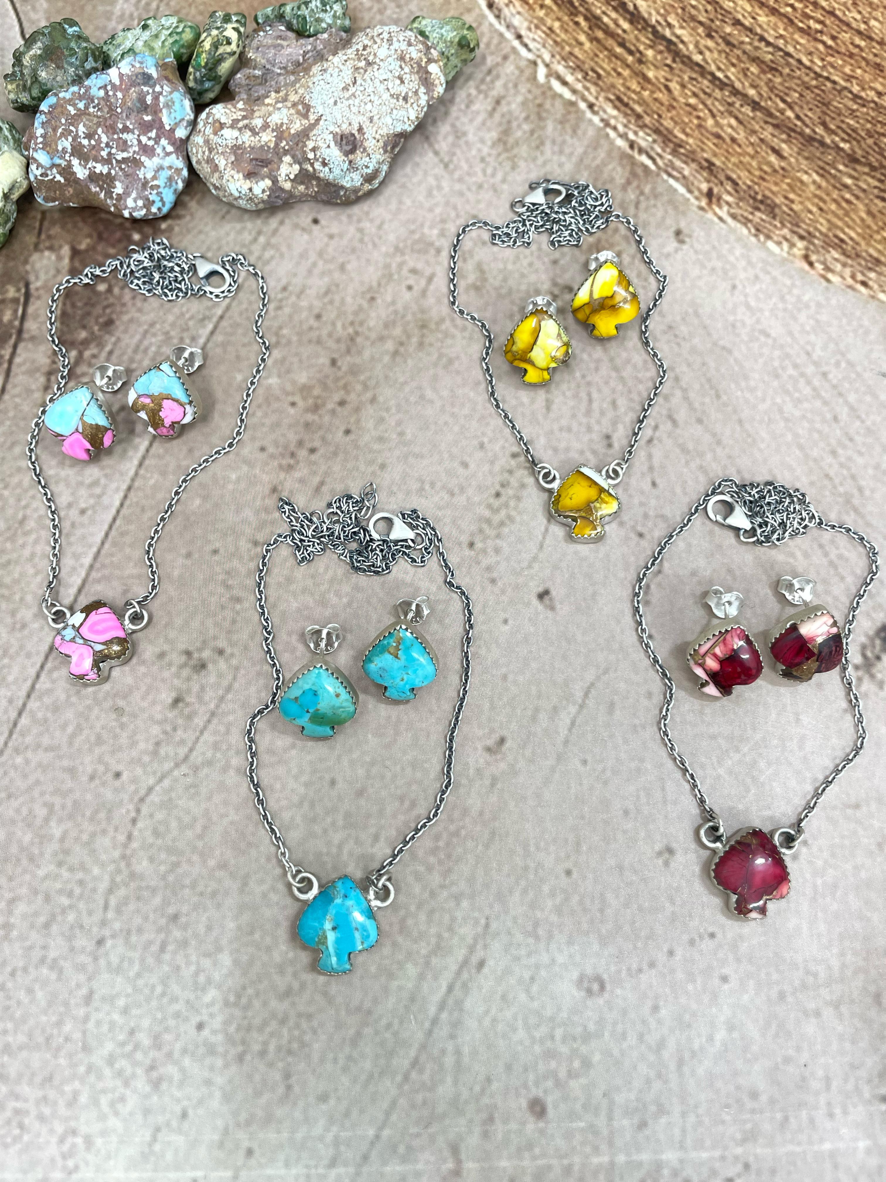 Handmade Sterling Silver Multi Stone Spade Necklace Earring Set with Signed Nizhoni