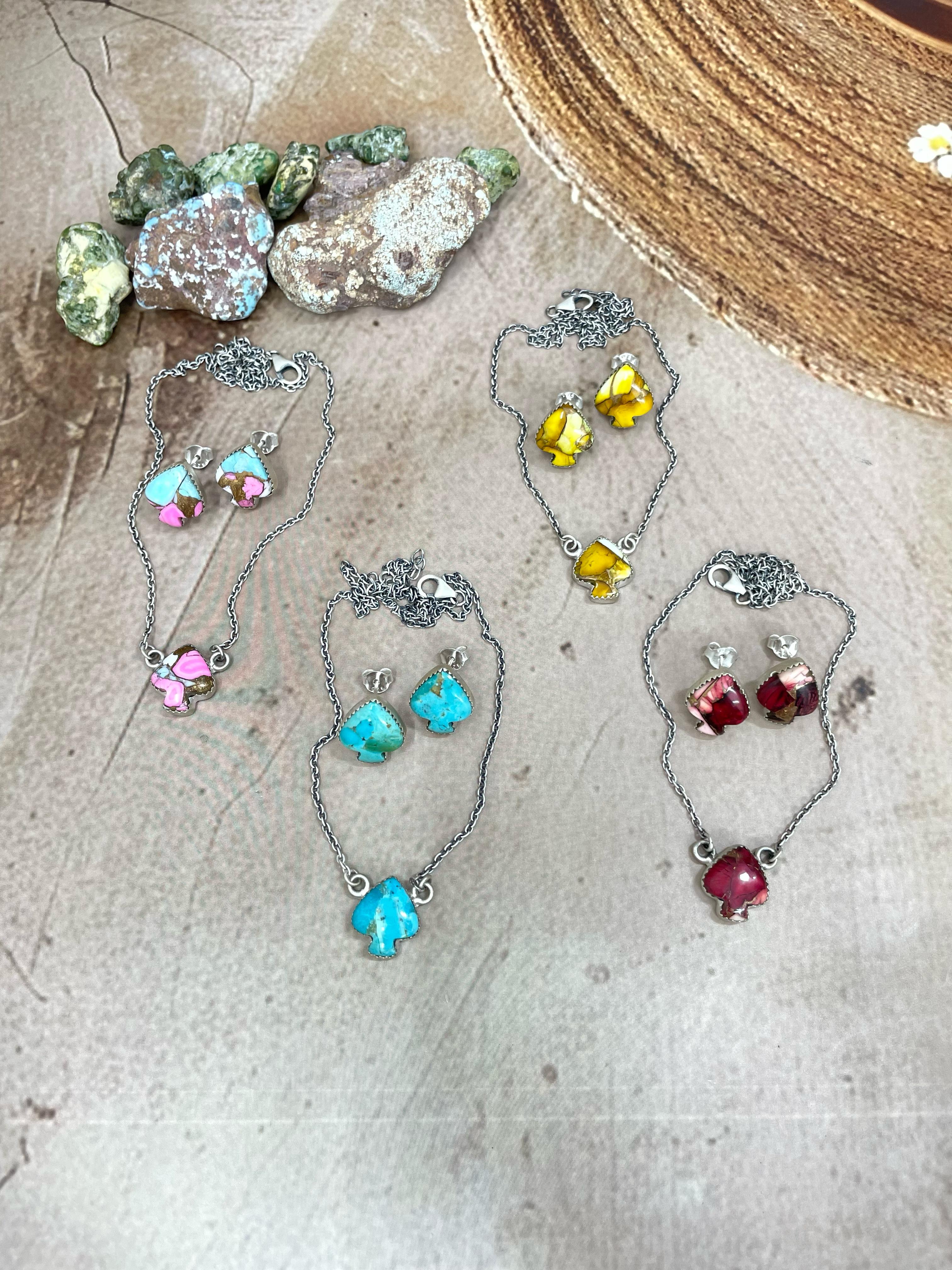 Handmade Sterling Silver Multi Stone Spade Necklace Earring Set with Signed Nizhoni