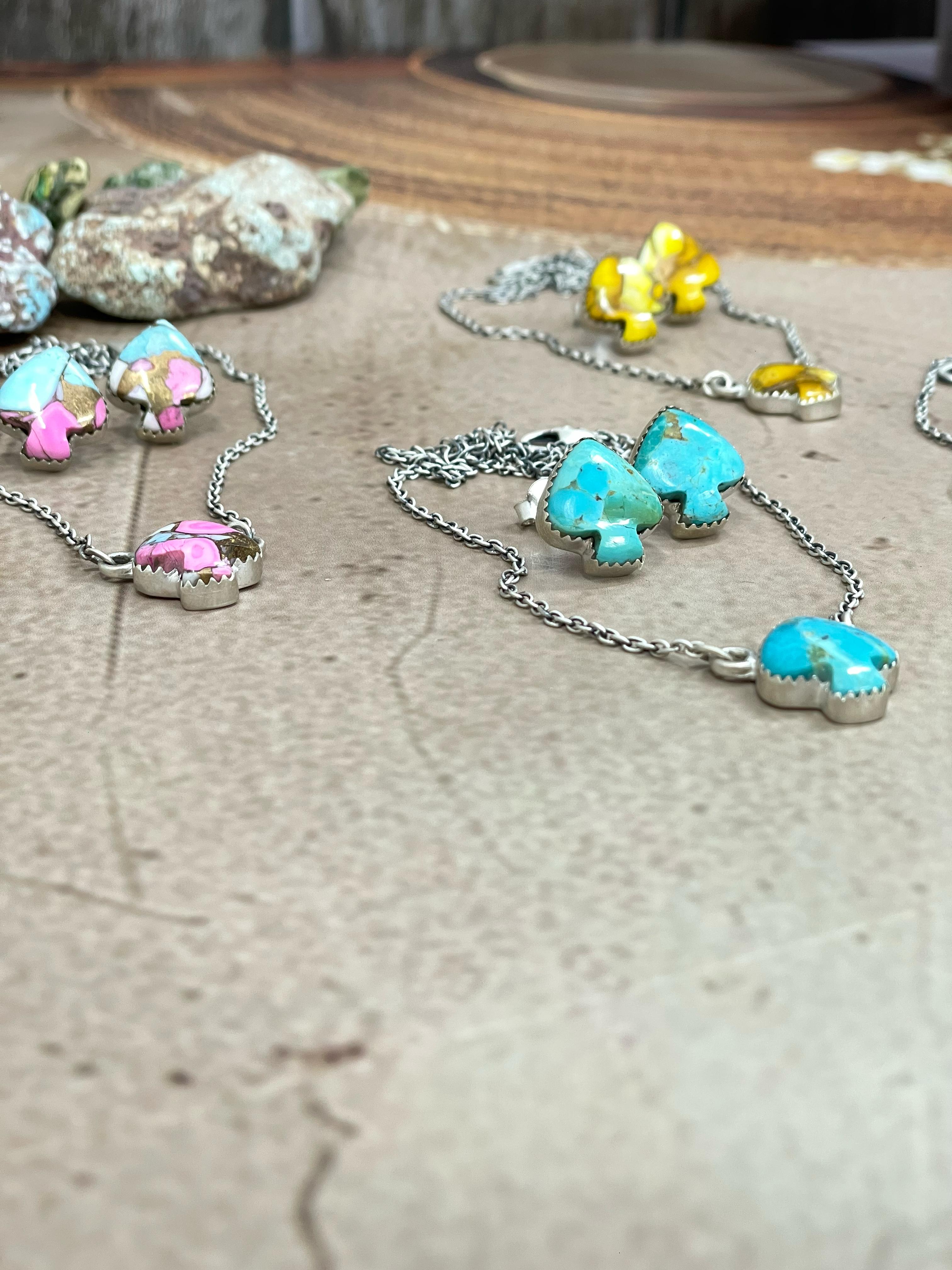 Handmade Sterling Silver Multi Stone Spade Necklace Earring Set with Signed Nizhoni