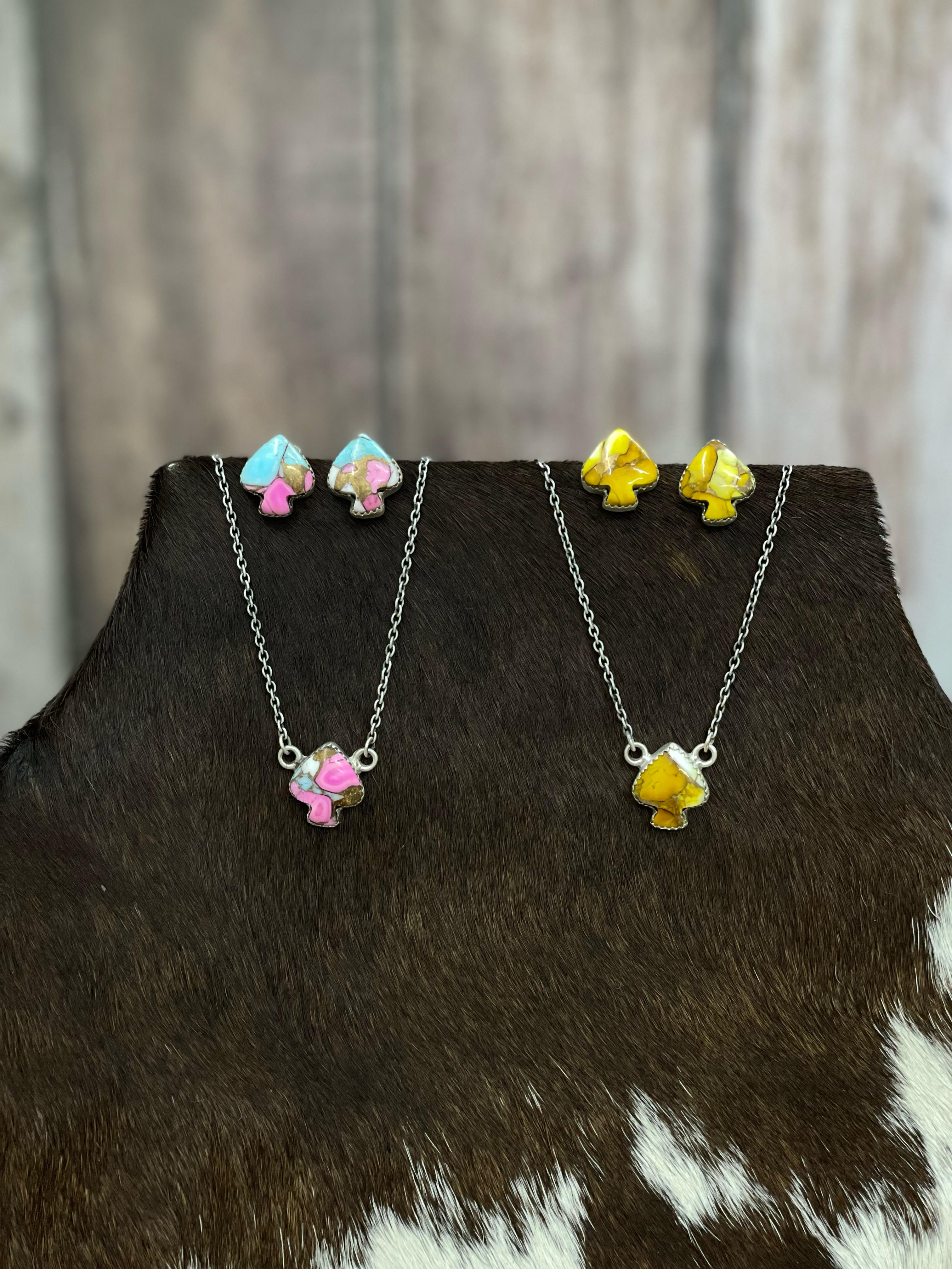 Handmade Sterling Silver Multi Stone Spade Necklace Earring Set with Signed Nizhoni