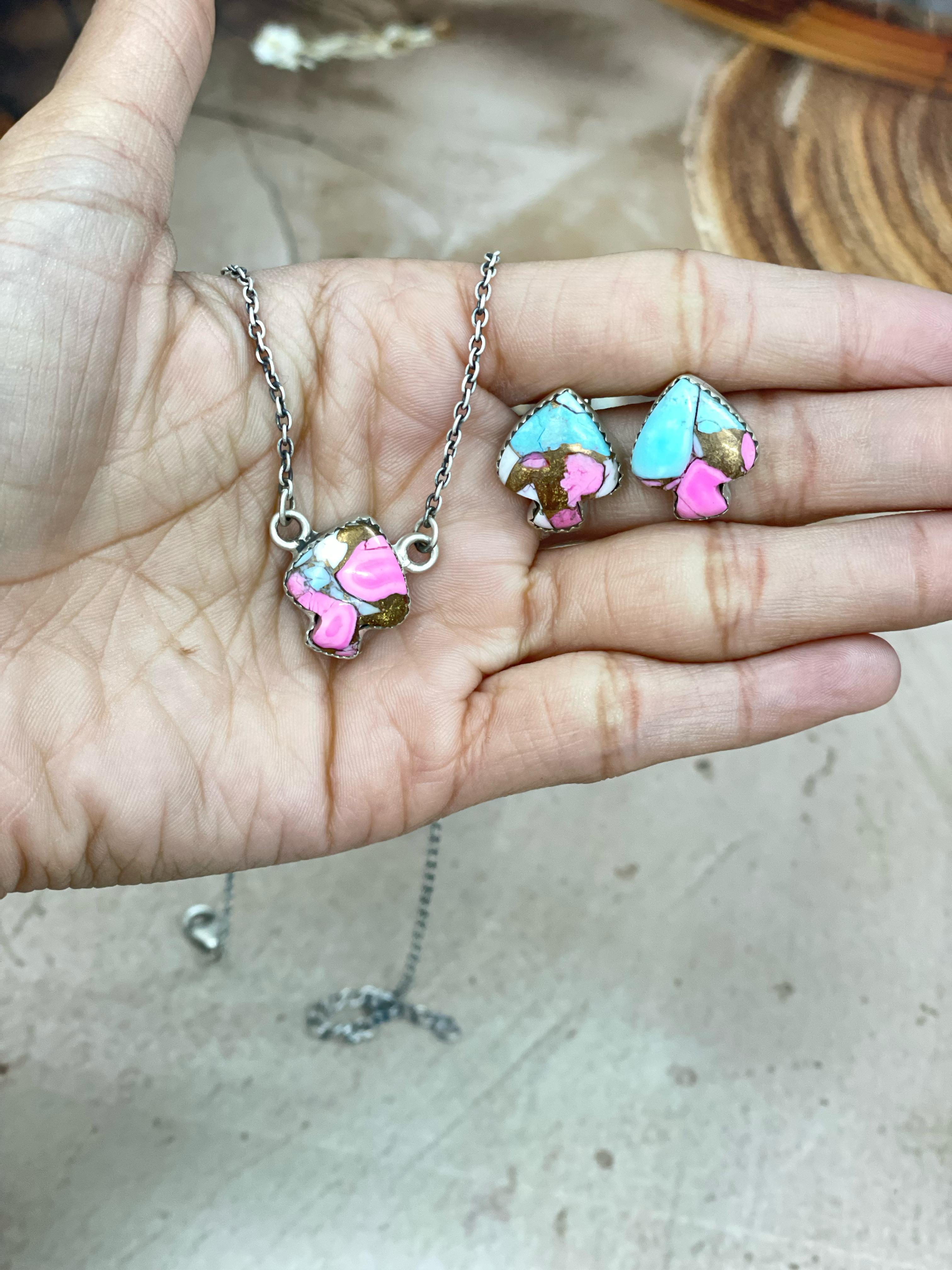 Handmade Sterling Silver Multi Stone Spade Necklace Earring Set with Signed Nizhoni