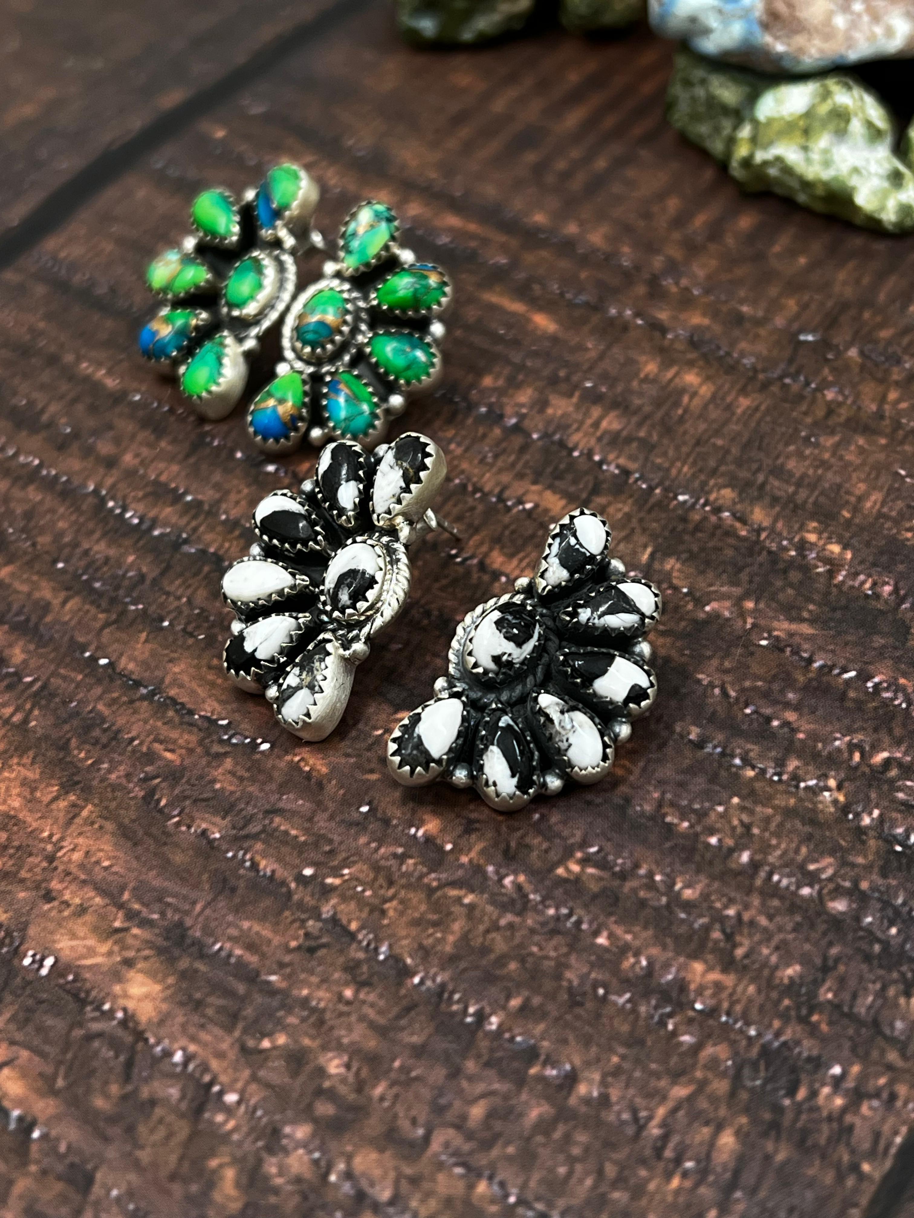 Handmade Sterling Silver Peacock Dahlia, White Buffalo Earrings with Signed Nizhoni