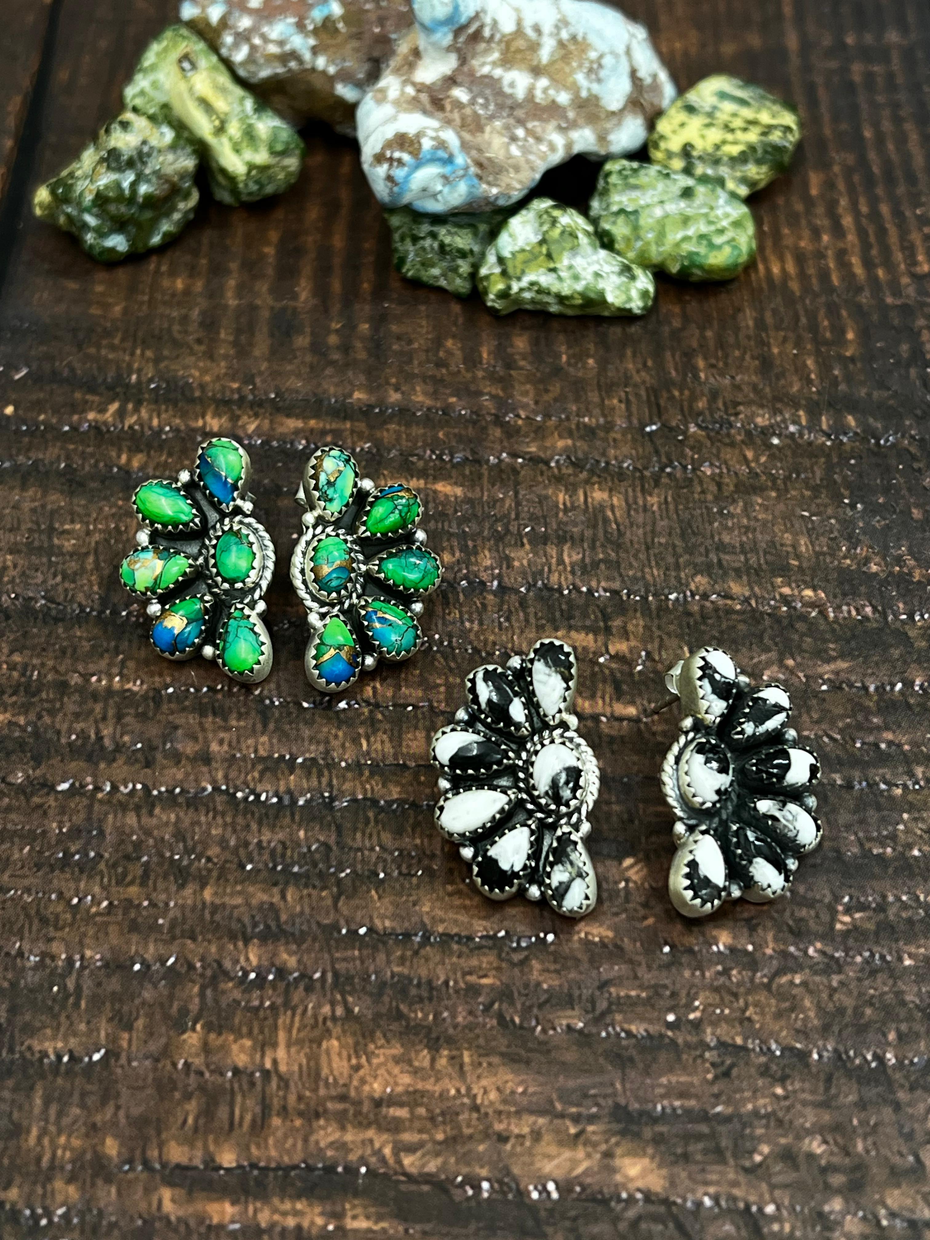 Handmade Sterling Silver Peacock Dahlia, White Buffalo Earrings with Signed Nizhoni