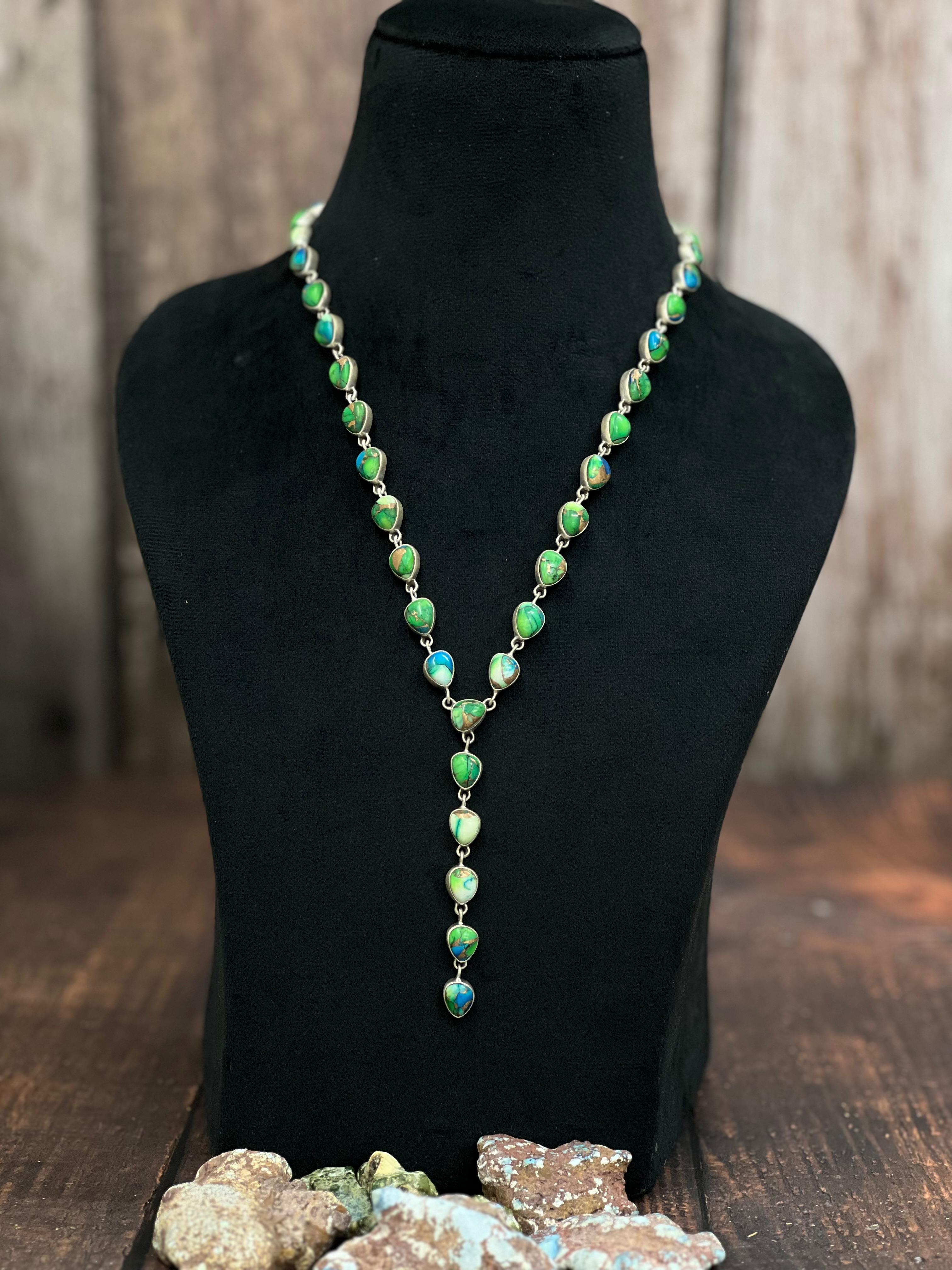 Handmade Sterling Silver Honey Dahlia, Peacock Dahlia, Kingman Turquoise Necklace with Signed Nizhoni