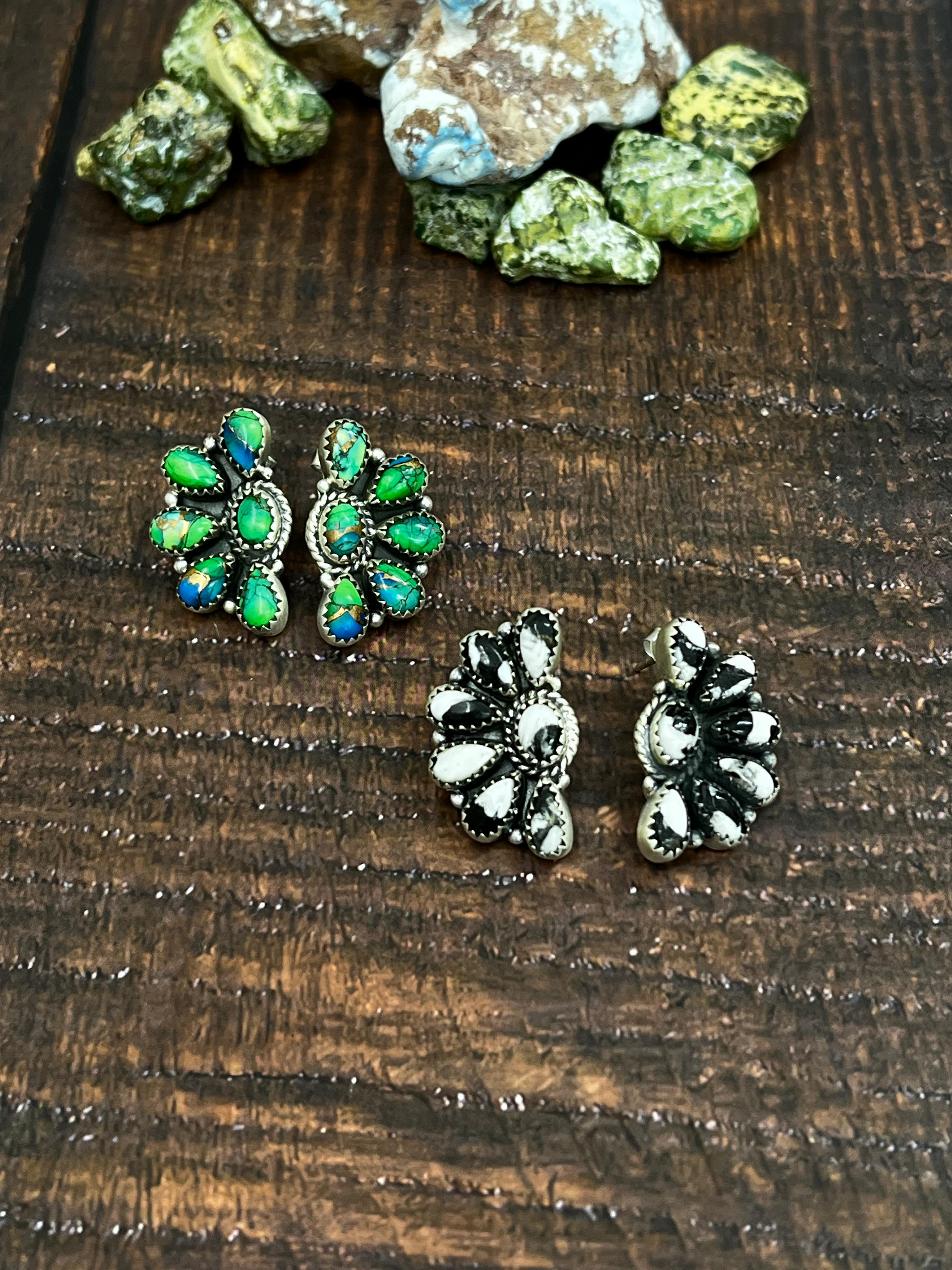 Handmade Sterling Silver Peacock Dahlia, White Buffalo Earrings with Signed Nizhoni