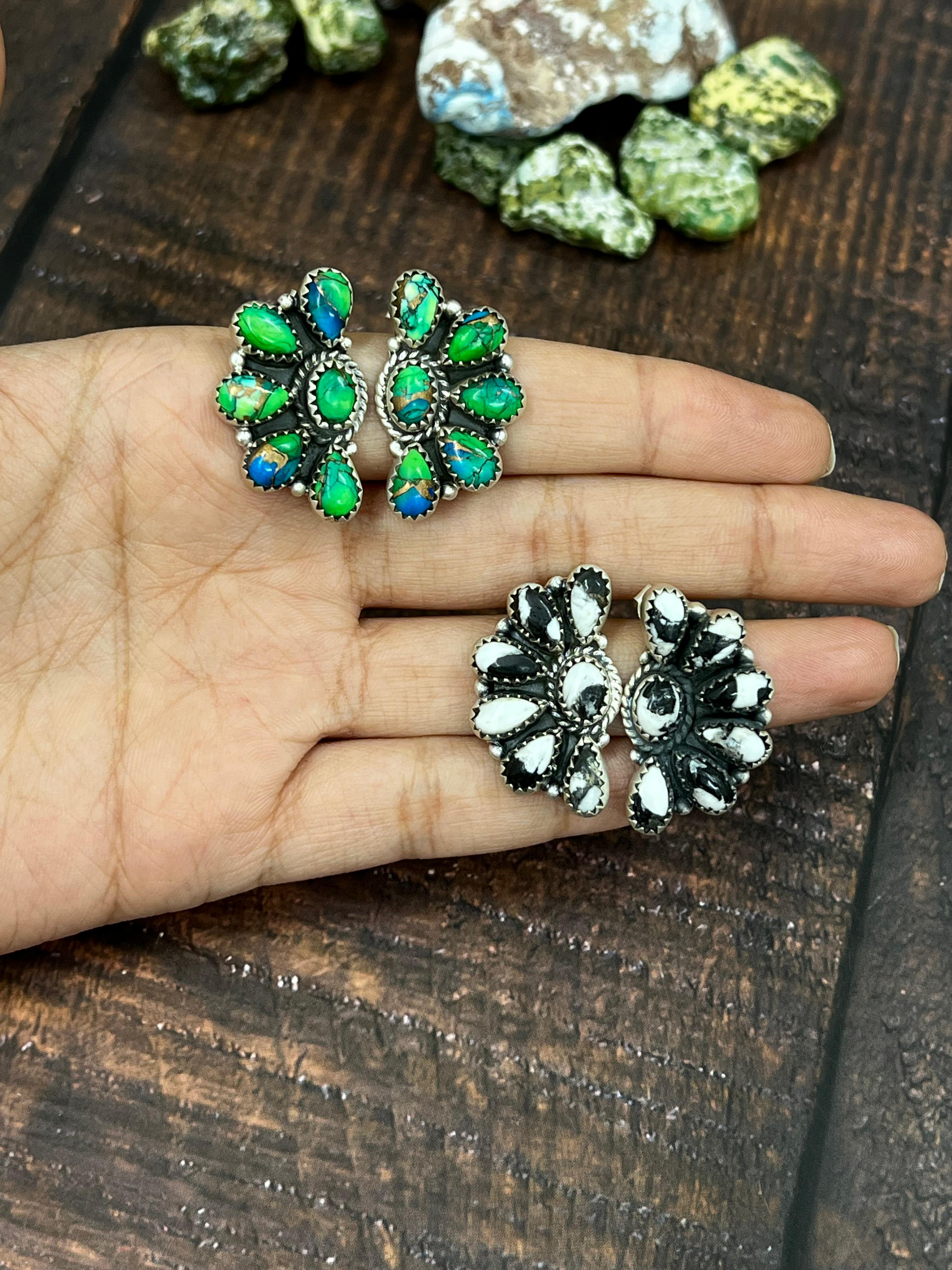 Handmade Sterling Silver Peacock Dahlia, White Buffalo Earrings with Signed Nizhoni