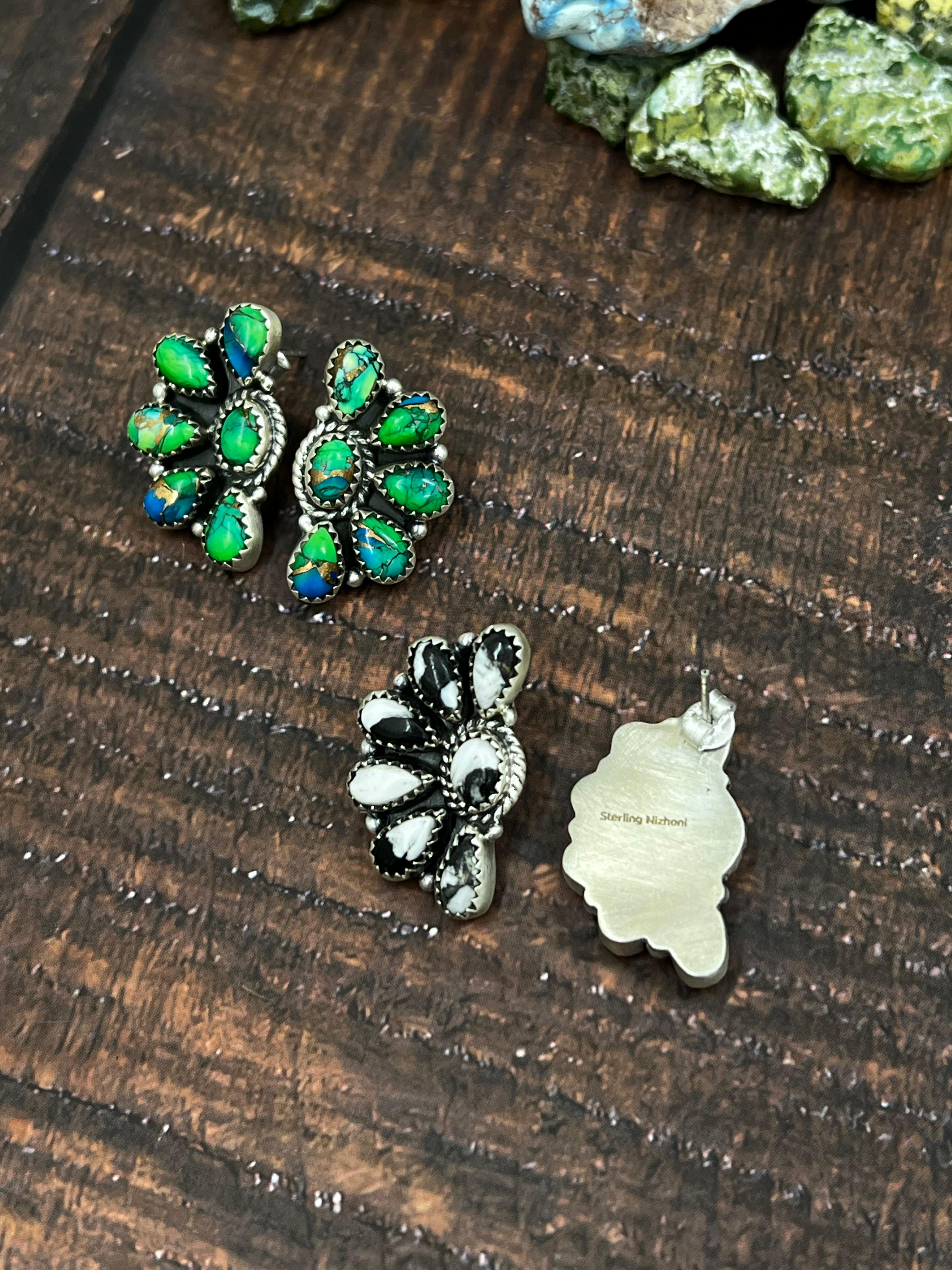 Handmade Sterling Silver Peacock Dahlia, White Buffalo Earrings with Signed Nizhoni