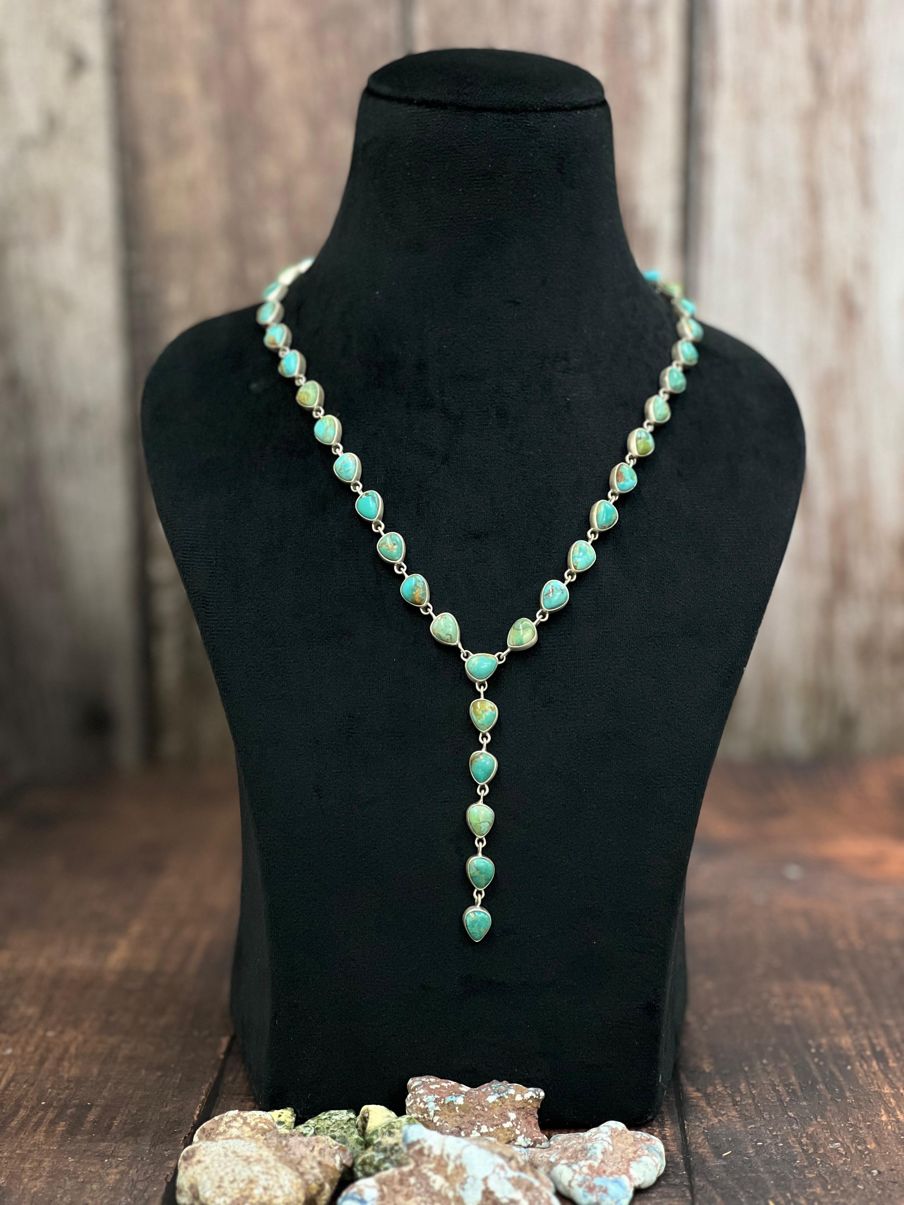 Handmade Sterling Silver Honey Dahlia, Peacock Dahlia, Kingman Turquoise Necklace with Signed Nizhoni