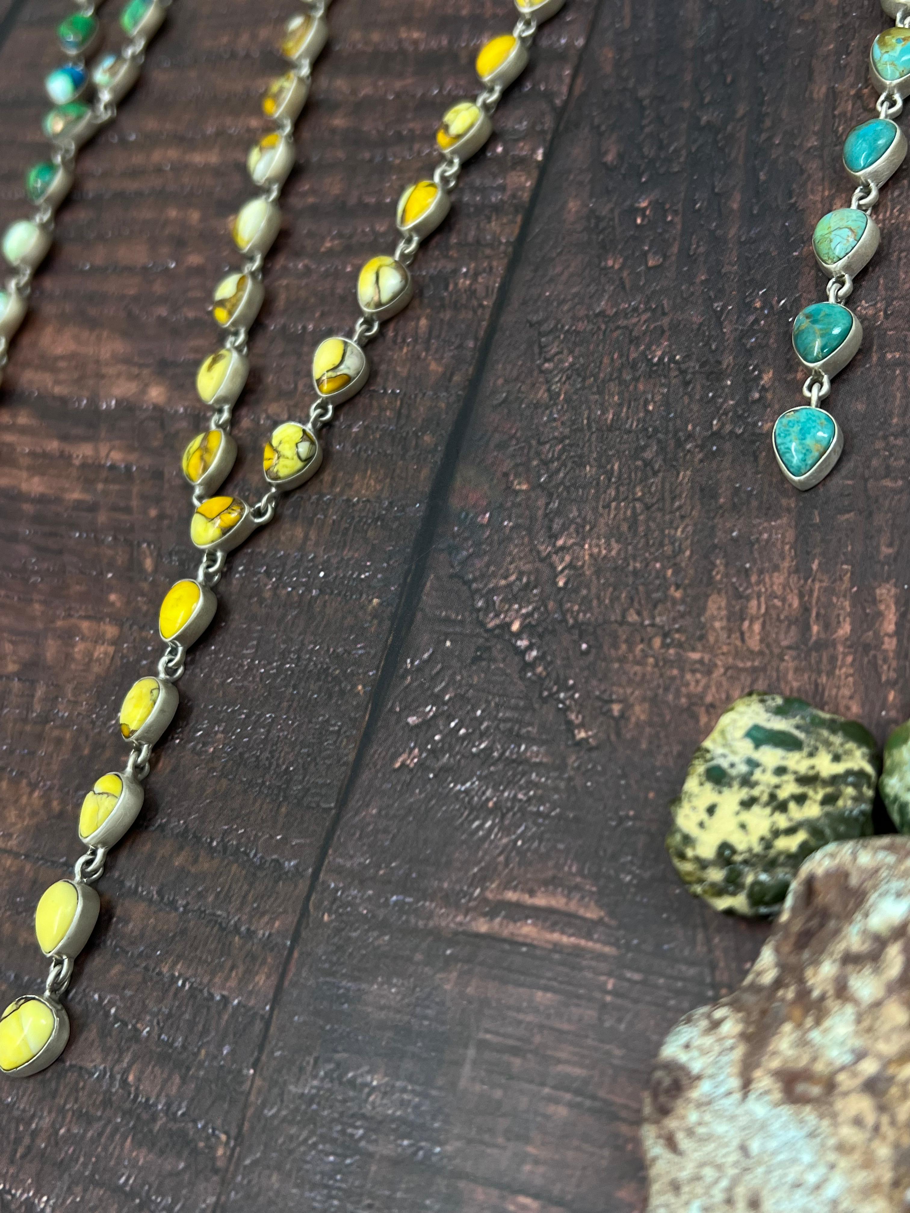 Handmade Sterling Silver Honey Dahlia, Peacock Dahlia, Kingman Turquoise Necklace with Signed Nizhoni