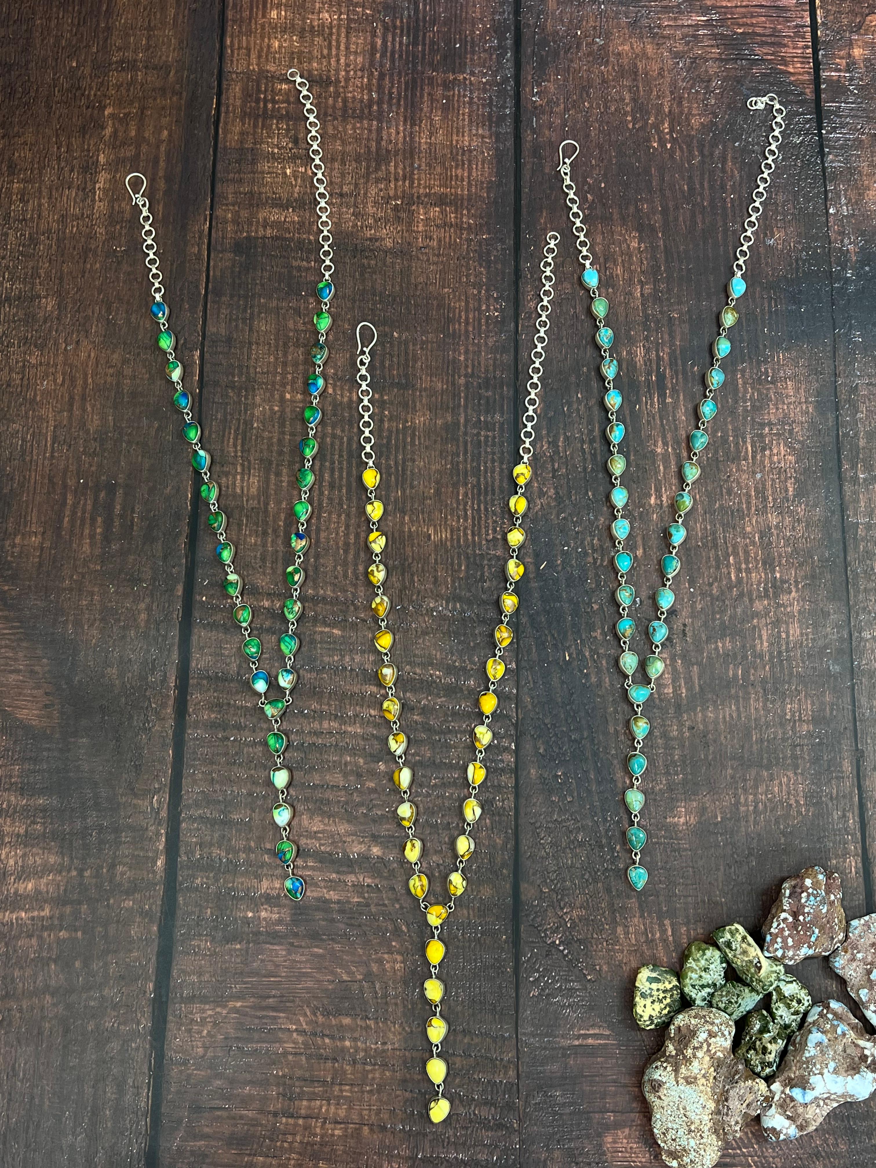 Handmade Sterling Silver Honey Dahlia, Peacock Dahlia, Kingman Turquoise Necklace with Signed Nizhoni