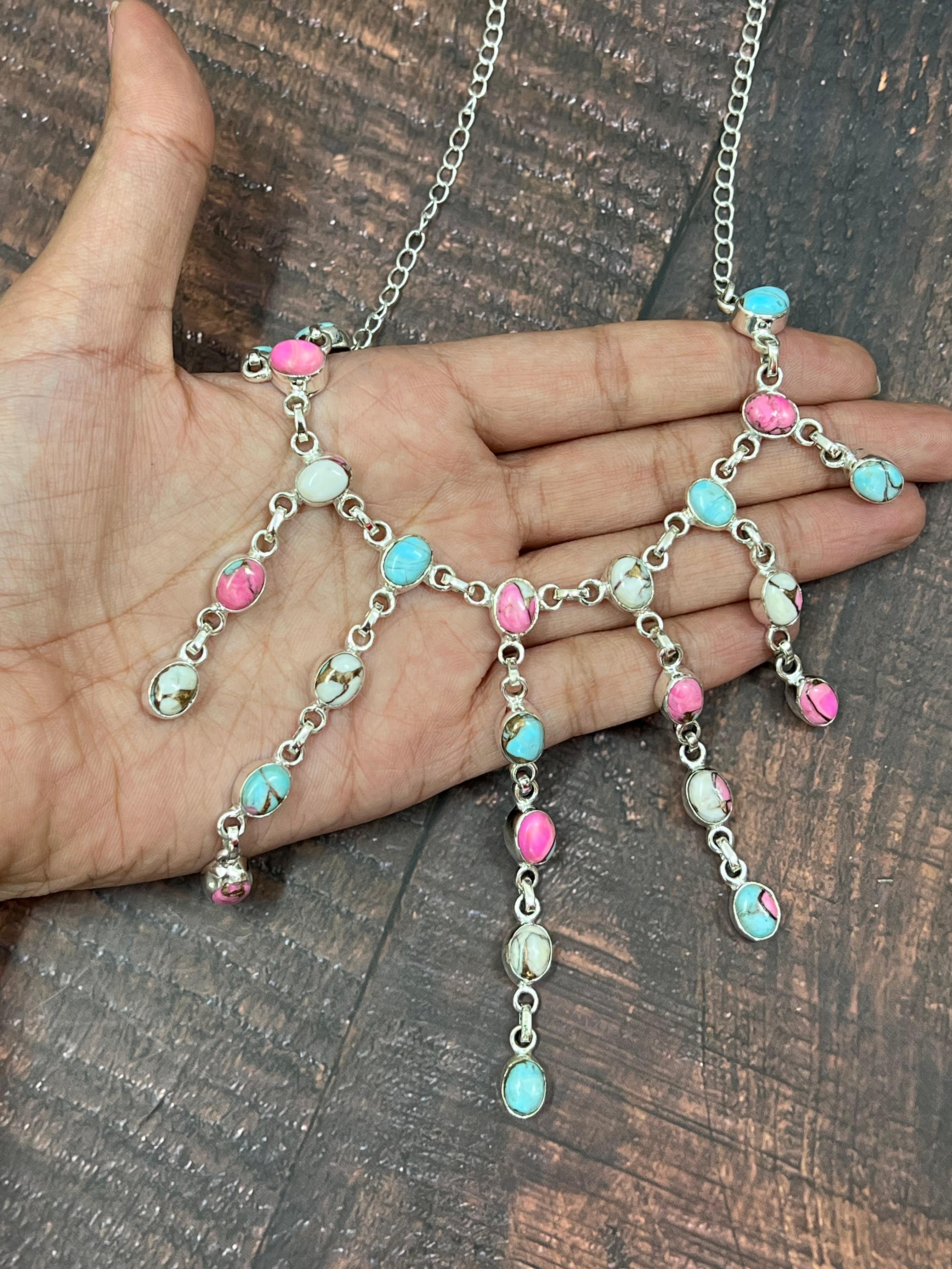 Handmade Sterling Silver Cotton Candy Drop Turquoise Necklace, Signed Nizhoni