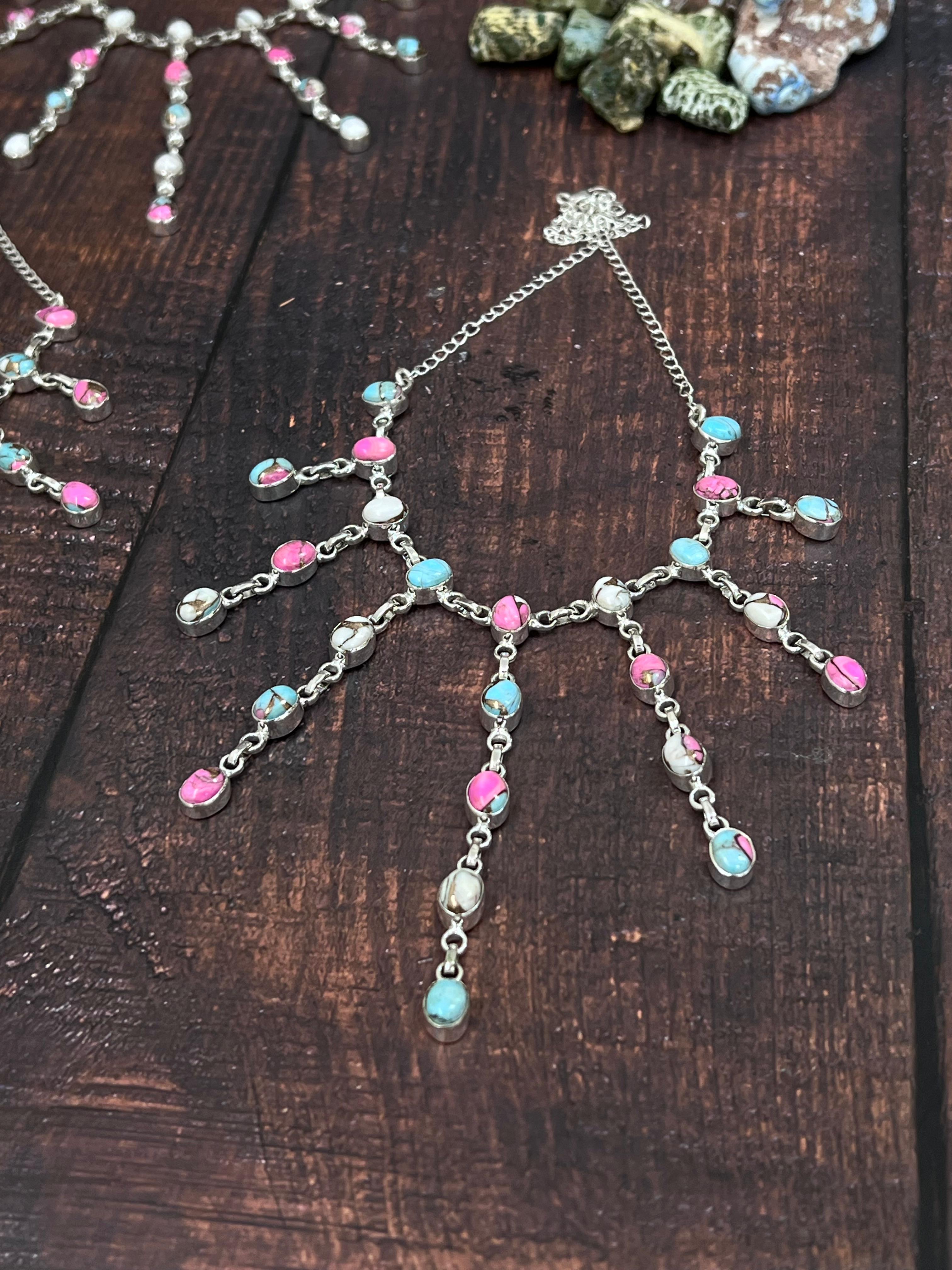 Handmade Sterling Silver Cotton Candy Drop Turquoise Necklace, Signed Nizhoni