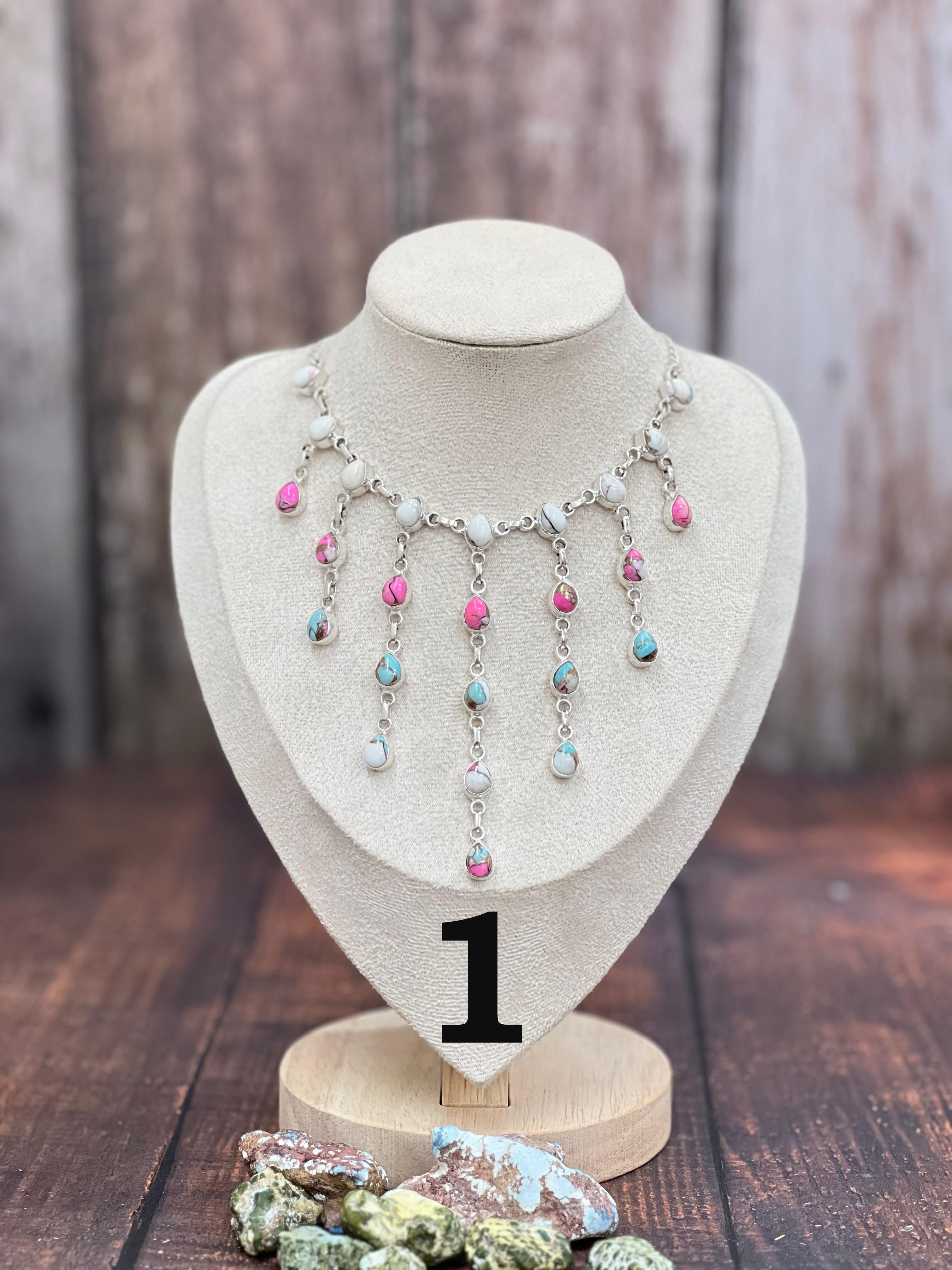 Handmade Sterling Silver Cotton Candy Drop Turquoise Necklace, Signed Nizhoni