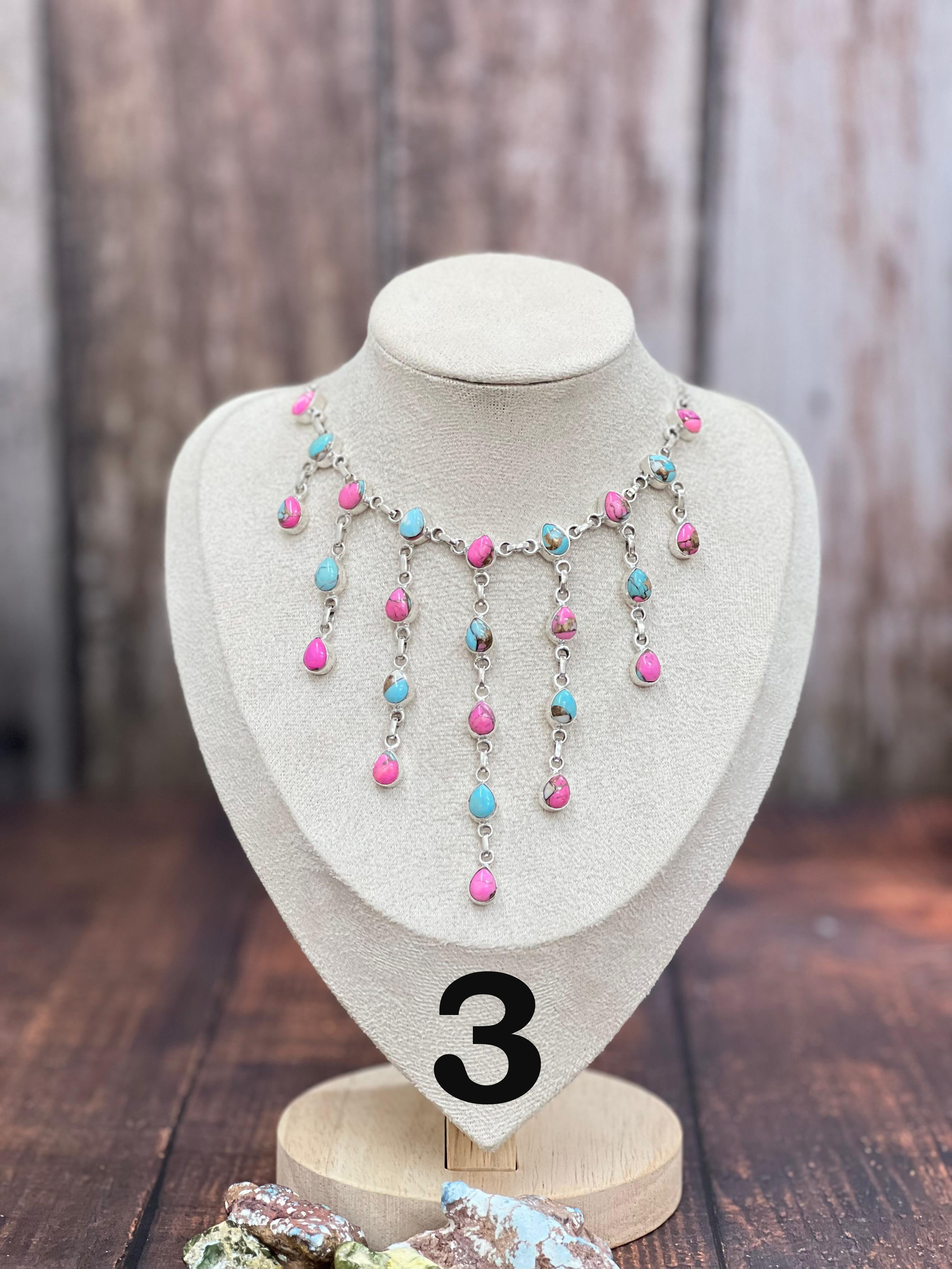 Handmade Sterling Silver Cotton Candy Drop Turquoise Necklace, Signed Nizhoni